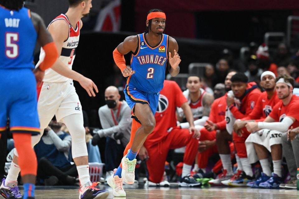 Oklahoma City Thunder guard Shai Gilgeous-Alexander (2) react after making a basket during the second half against the Washington Wizards at Capital One Arena in Washington, D.C. on Nov 16, 2022.