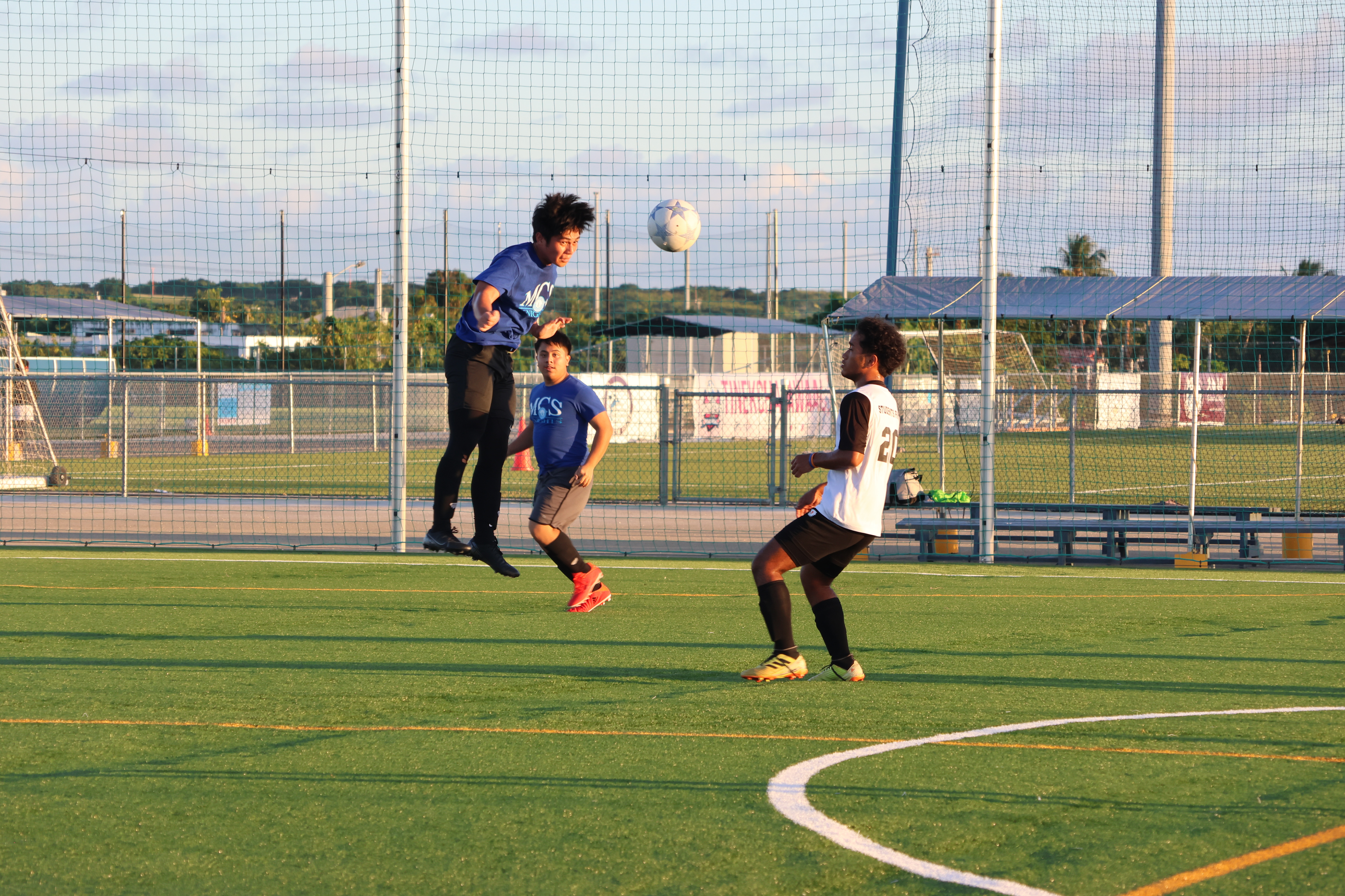 An MCS player connects the header to intercept a play during a boys high school division game of the NMIFA-PSS Interscholastic Soccer League Tuesday at the NMI Soccer Training Center.