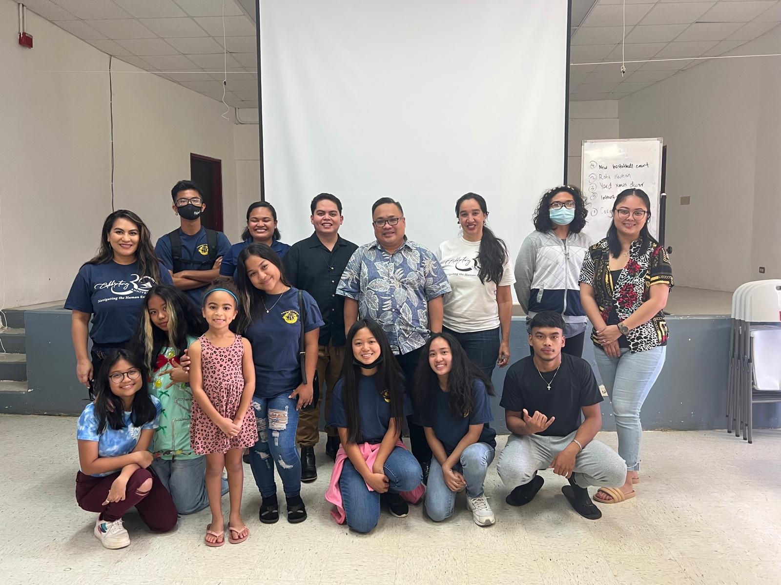 Dr. Rita H. Inos Jr./Sr. High School journalism students and their instructor, Jocelyn Atalig, pose for a photo with Northern Marianas Humanities Council program coordinator Naomi Tudela, local radio personality Catherine Perry, KUAM News regional correspondent Thomas Manglona II, Saipan Tribune associate editor Mark Rabago, and Variety's K-Andrea Limol.