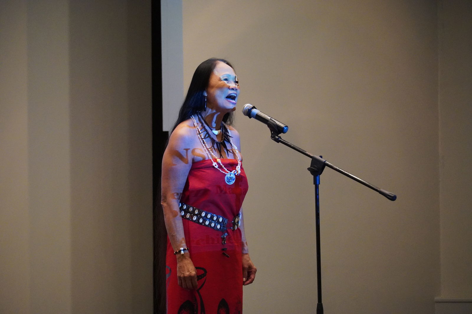 Cultural practitioner Frances M. Sablan performs a traditional Chamorro chant.