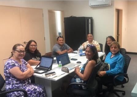 From left, Ana Demapan-Castro, PAMC member; Rota council clerk Daniella Jae Rangamar; Jonovan Lizama, PAMC secretary/treasurer; Jim Atalig, PAMC president; Thomasa P. Mendiola, PAMC member; Antonia Tudela, PAMC member; and Juanita M. Mendiola, PAMC vice president. PAMC members not in attendance: Councilman Joseph E. Santos, Councilman William Taitano, and Councilman Danny Aquino.