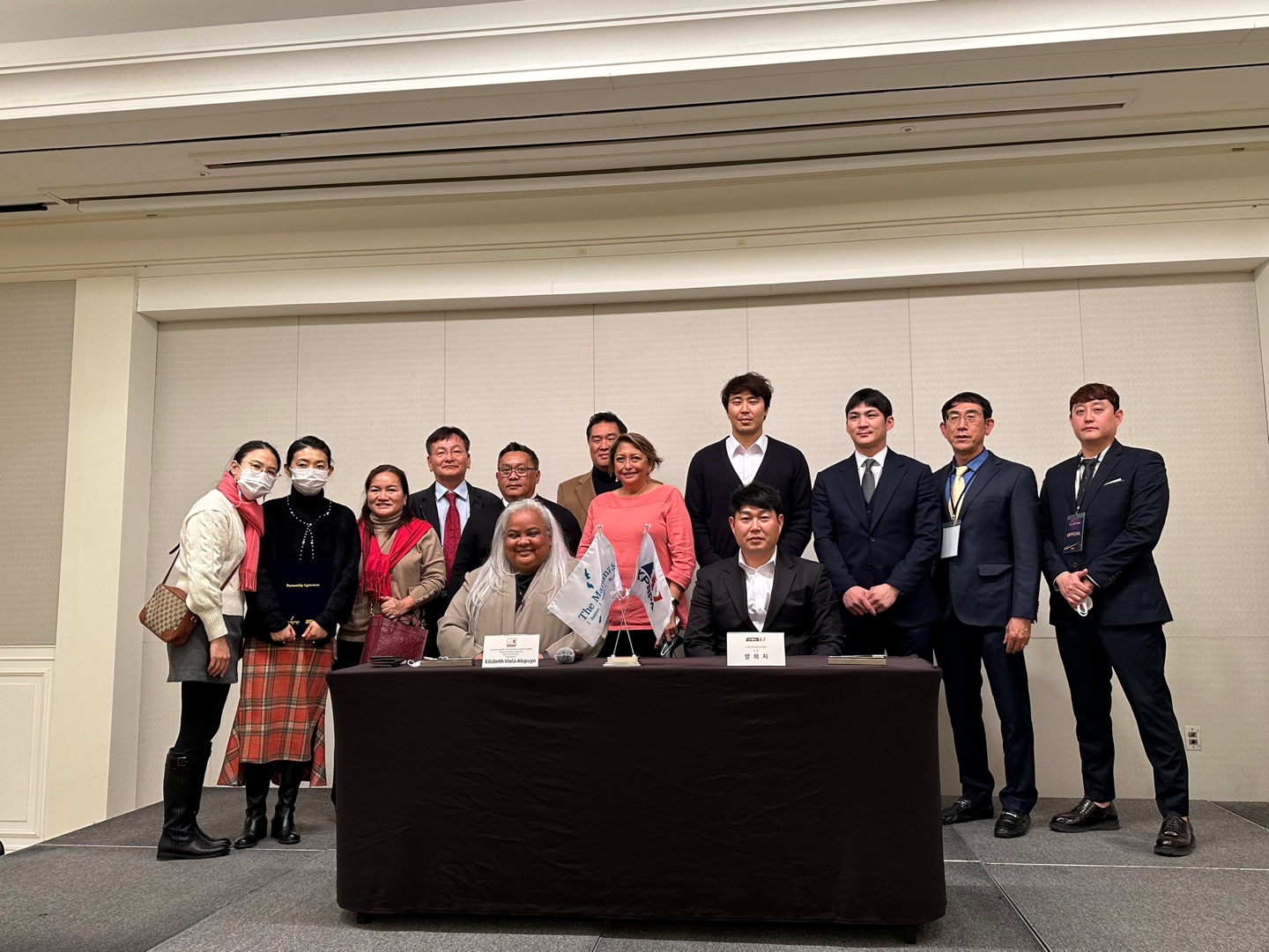 Marianas Visitors Authority  Board Chairwoman Viola Alepuyo, seated left, and Korean  Professional  Baseball  Players Association  Chairman Yang  Eui  Ji, seated right, signed an MOU of cooperation on Dec. 1, 2022, in Seoul, Korea. Also pictured standing from left, MVA Korea sales manager Esther Oh, MVA Korea Country Manager Sejin Kim, MVA Acting Managing Director Judy Torres, Tourism Resumption Investment Plan Korea Chairman Tommy Kim, TRIP Chairman Ivan Quichocho, MVA Korea Team Head Chanho Hong, MVA Board Vice Chairwoman Gloria Cavanagh, KPBPA Director (SSG Baseball Team) Han Yoosum, KPBPA Director (LG Baseball Team) Oh Jihwan, KPBPA Secretary General Jan Dongcheol, and KPBPA Team Leader Jo Youngjoo.