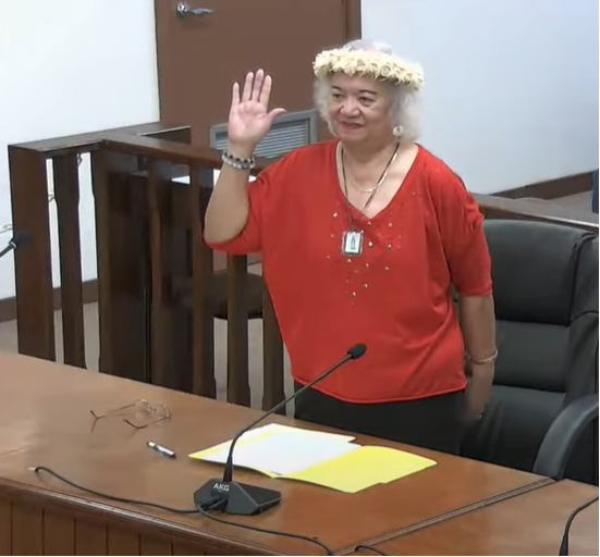 Remedio Reyes Sablan, who has been nominated to the Commonwealth Election Commission, is sworn in during a public hearing conducted by the Senate Committee on Executive Appointments and Government Investigations on Wednesday.