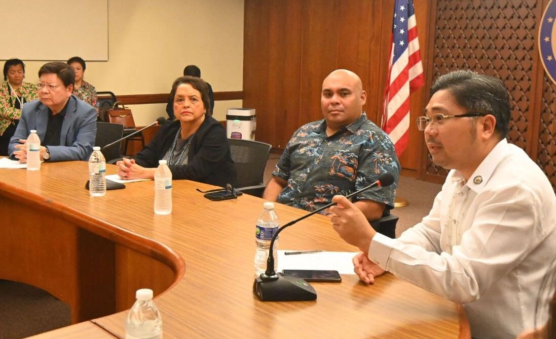 Philippine Rep. Ron Salo, far right, discusses a fact-finding mission he and others from the Asian country conducted to research solutions to a monthslong backlog of foreign labor requests from Guam companies during a press conference Wednesday at the Ricardo J. Bordallo Governors Complex in Hagåtña. Pictured from left, Philippine Rep. Rodante Marcoleta, Guam Gov. Lou Leon Guerrero and Lt. Gov. Josh Tenorio.