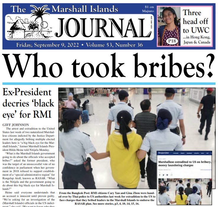 The Marshall Islands Journal's page one when the story broke in early September about Cary Yan and Gina Zhou being extradited to the US to face bribery and money laundering charges related to the Marshall Islands.