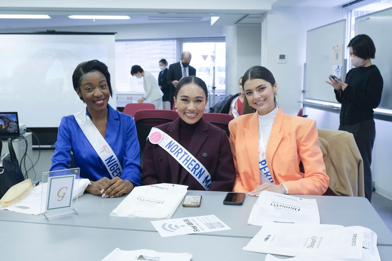 Miss Marianas Savannah Lyn Relox Delos Santos poses for a photo with Miss Nigeria Precious Obisoso and Miss Peru Tatiana Calmell at the Miss International Women Entrepreneurs' Forum. Miss Peru was the second-runner up in the 2022 Miss International Beauty Pageant.