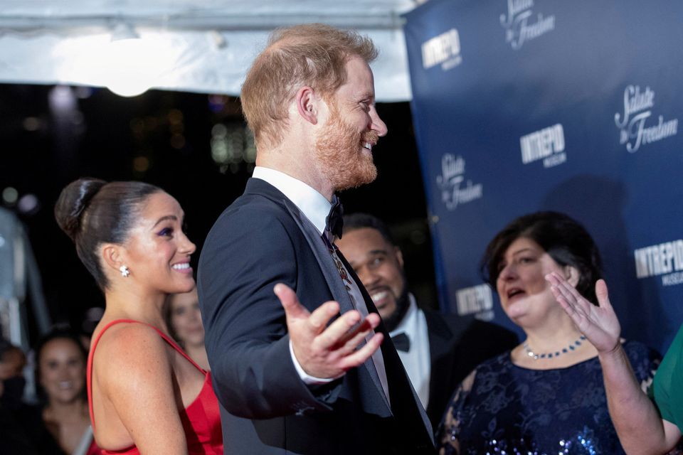 Britain's Prince Harry and Meghan Markle, Duke and Duchess of Sussex, arrive for the annual Salute to Freedom Gala at the Intrepid Sea, Air & Space Museum in Manhattan in New York City, Nov. 10, 2021.