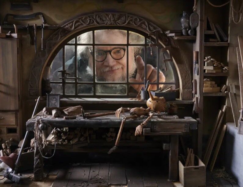 This image released by Netflix shows filmmaker Guillermo del Toro on the set of "Guillermo del Toro's Pinocchio."