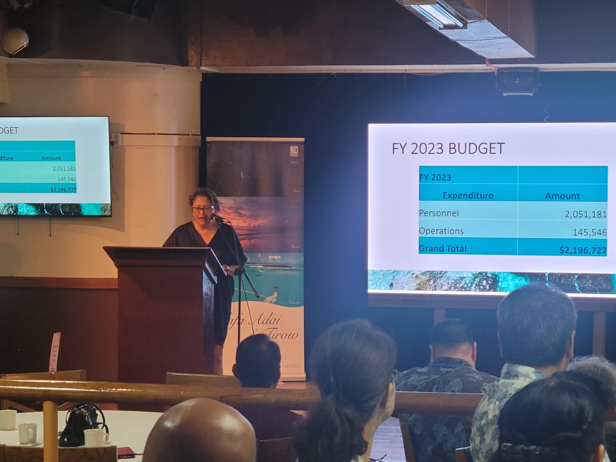 Gloria Cavanagh, Marianas Visitors Authority board vice chair, speaks during the MVA general membership meeting on Dec. 7, 2022 at PIC.