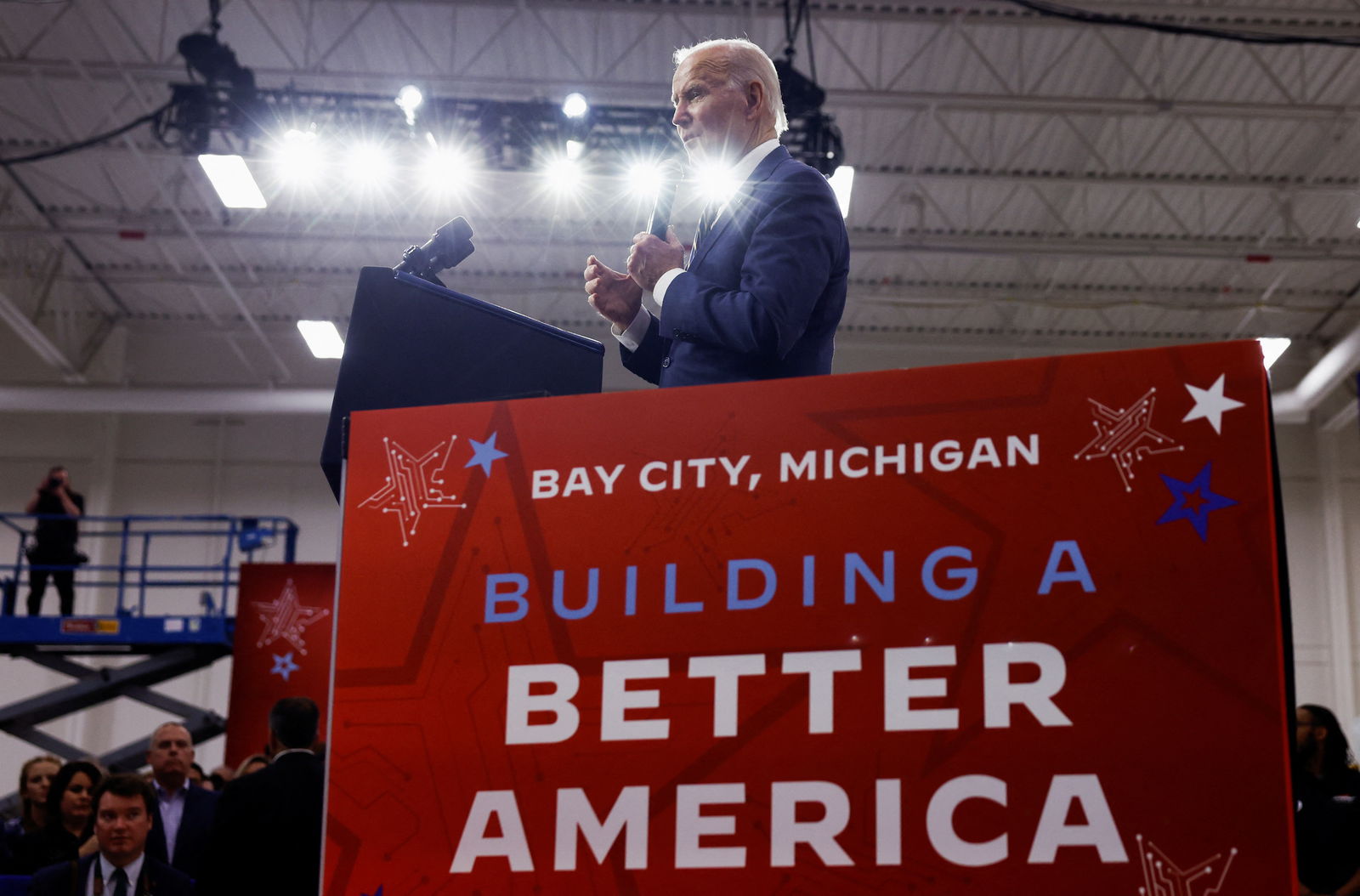President Joe Biden speaks as he visits the SK Siltron CSS facility in Bay City, Michigan, Nov. 29, 2022.
