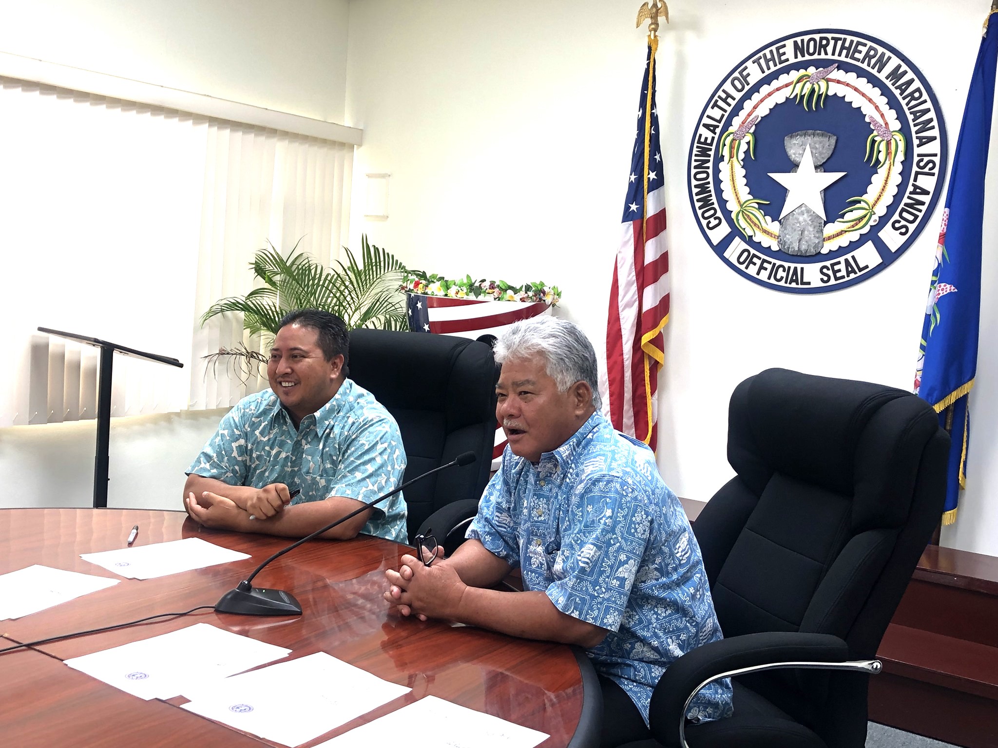 Gov. Ralph DLG Torres and Lt. Gov. Arnold I. Palacios share a light moment during a media conference in this file photo.