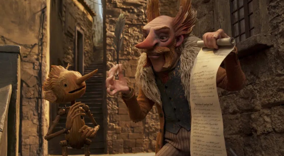 This image released by Netflix shows Pinocchio, voiced by Gregory Mann, left, and Count Volpe, voiced by Christoph Waltz, in a scene from "Guillermo del Toro's Pinocchio."