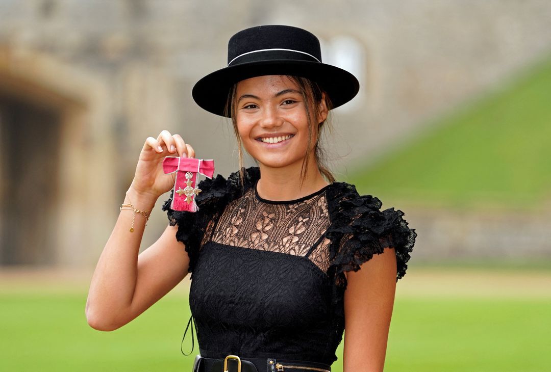 British tennis player Emma Raducanu poses after being made a Member of the Order of the British Empire by King Charles III during an investiture ceremony at Windsor Castle on Nov. 29, 2022.