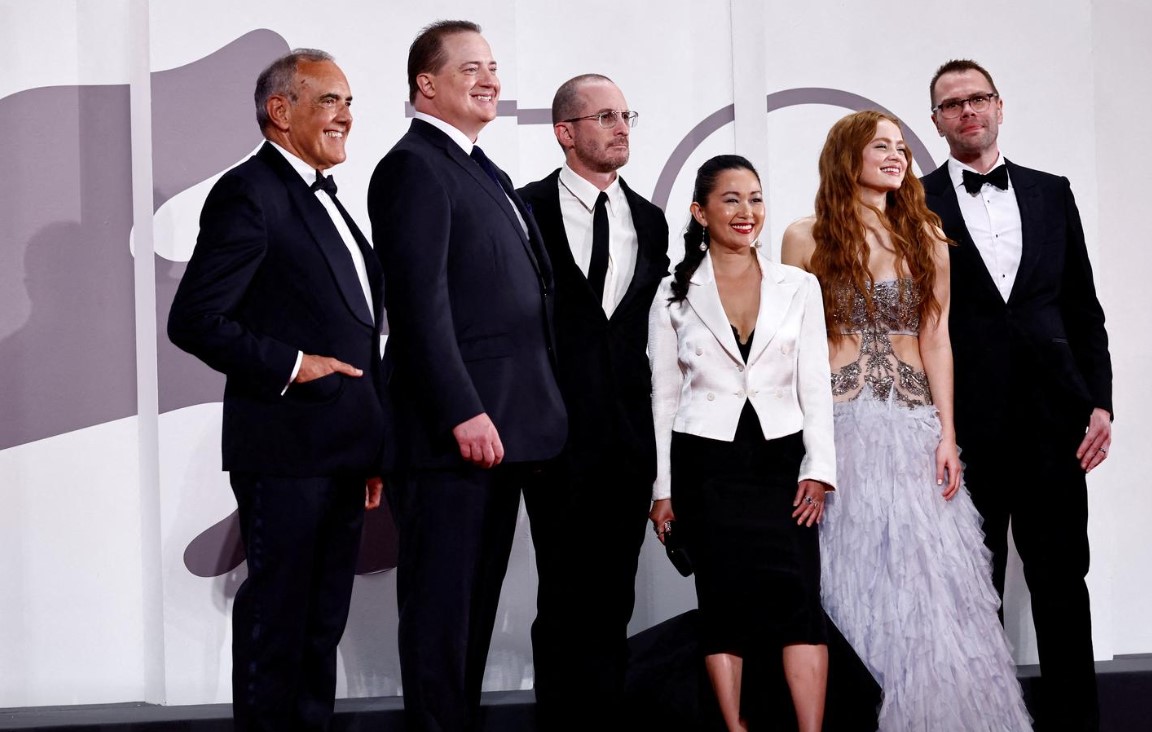 Venice Film Festival Director Alberto Barbera, director Darren Aronofsky, writer Samuel D. Hunter and cast members Brendan Fraser, Sadie Sink, and Hong Chau pose for a photo during the premiere screening of the film "The Whale" in competition at the 79th Venice Film Festival in Venice, Italy, Sept. 4, 2022.