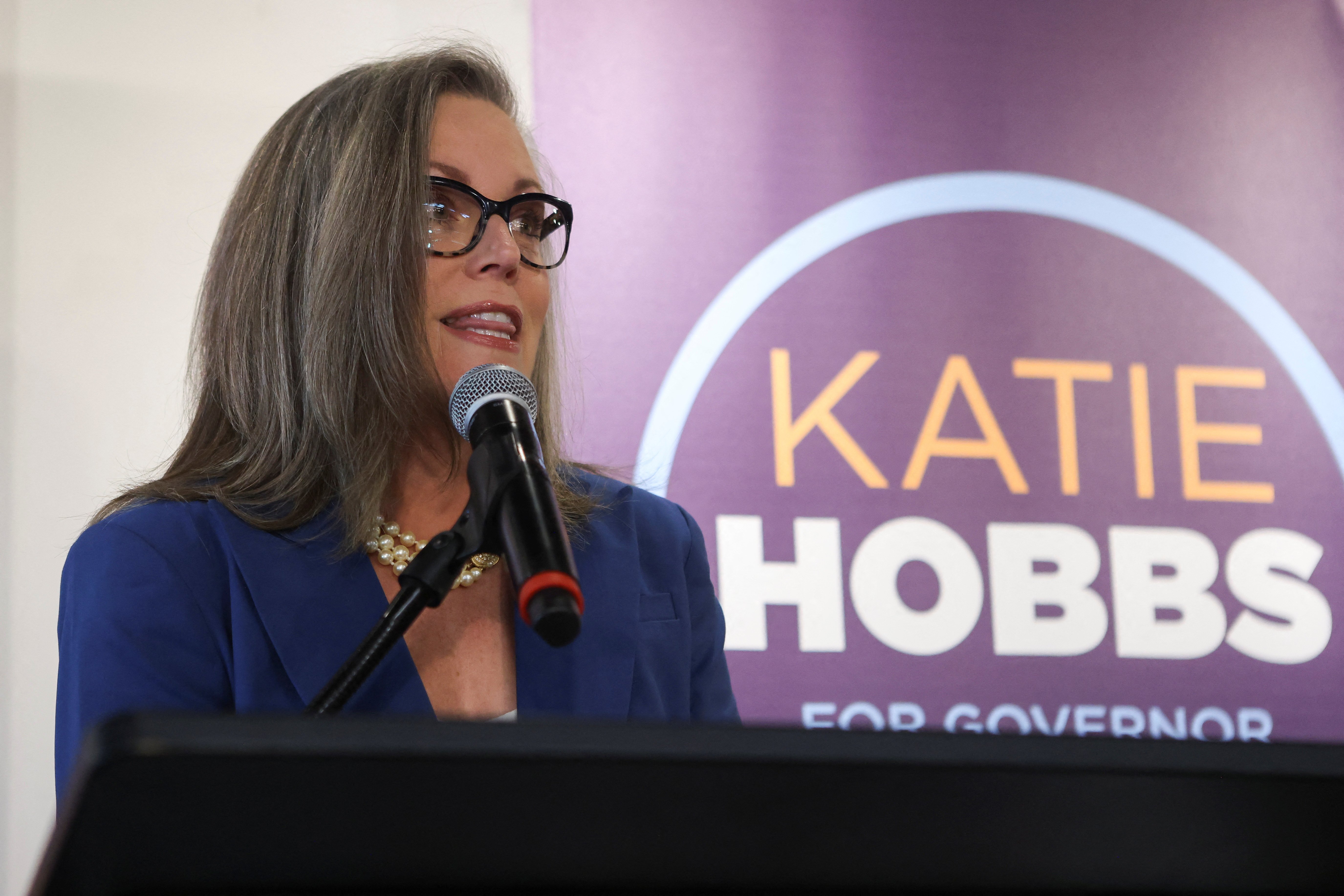 Democrat Katie Hobbs gives a victory speech after narrowly winning the race to become Arizona's next governor against Kari Lake in the midterm elections in Phoenix, Arizona, Nov. 15, 2022.