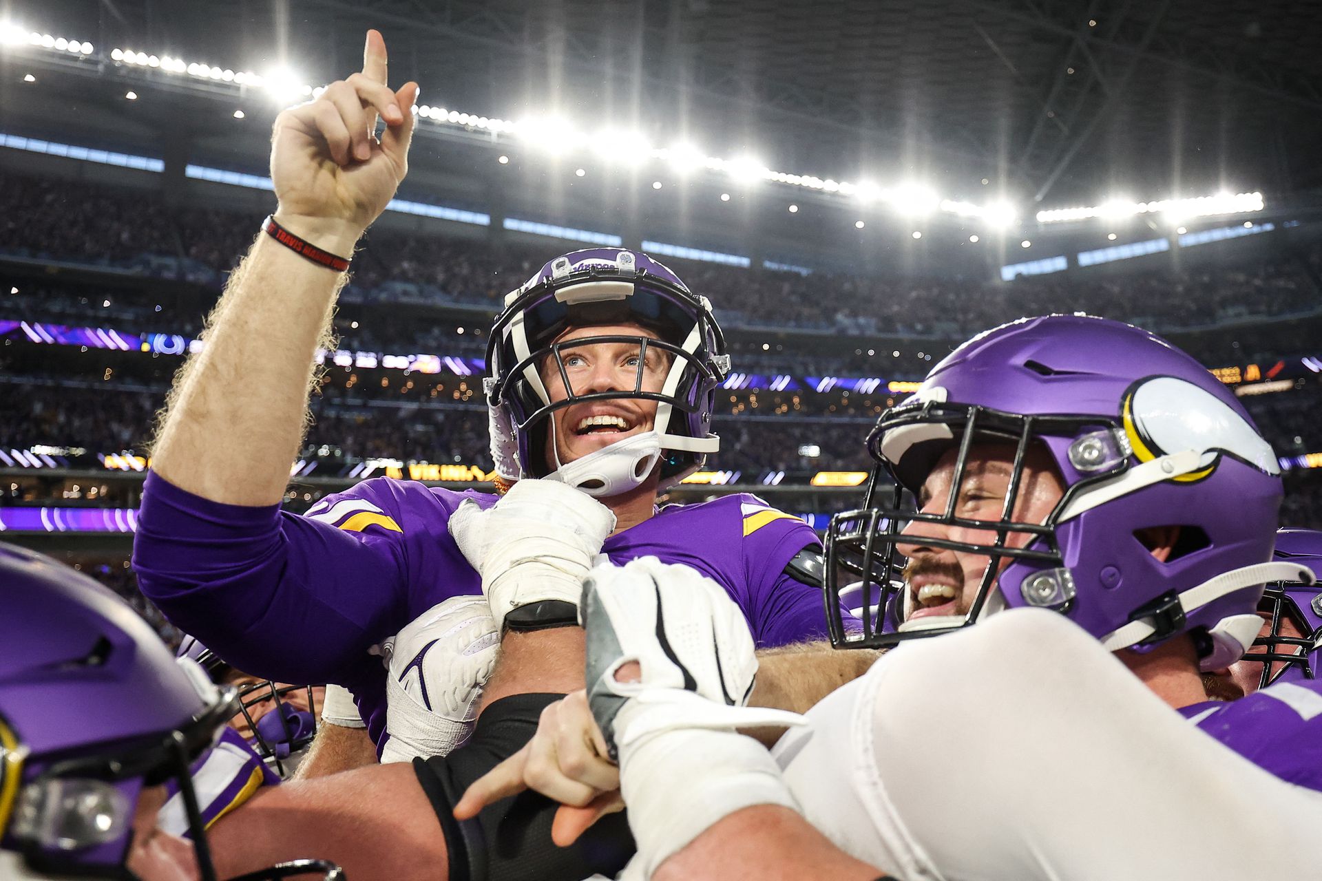 Minnesota Vikings place kicker Greg Joseph (1) celebrates his game winning field goal against the Indianapolis Colts after the game at U.S. Bank Stadium in Minneapolis, Minnesota, Dec. 17, 2022. With the win, the Minnesota Vikings clinched the NFC North.