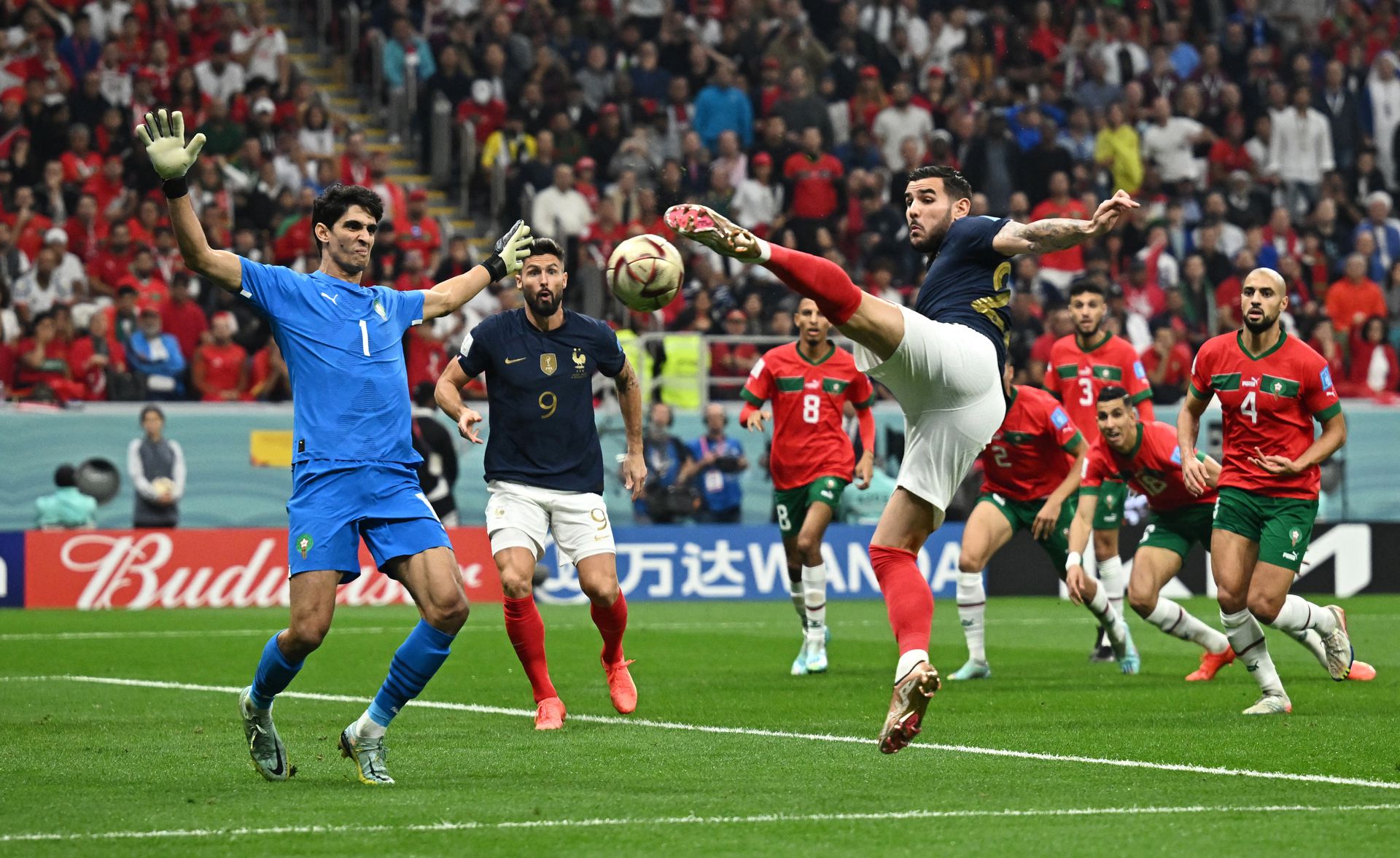 France's Theo Hernandez scores their first goal against Morocco at Al Bayt Stadium in Al Khor, Qatar on Dec. 14, 2022.