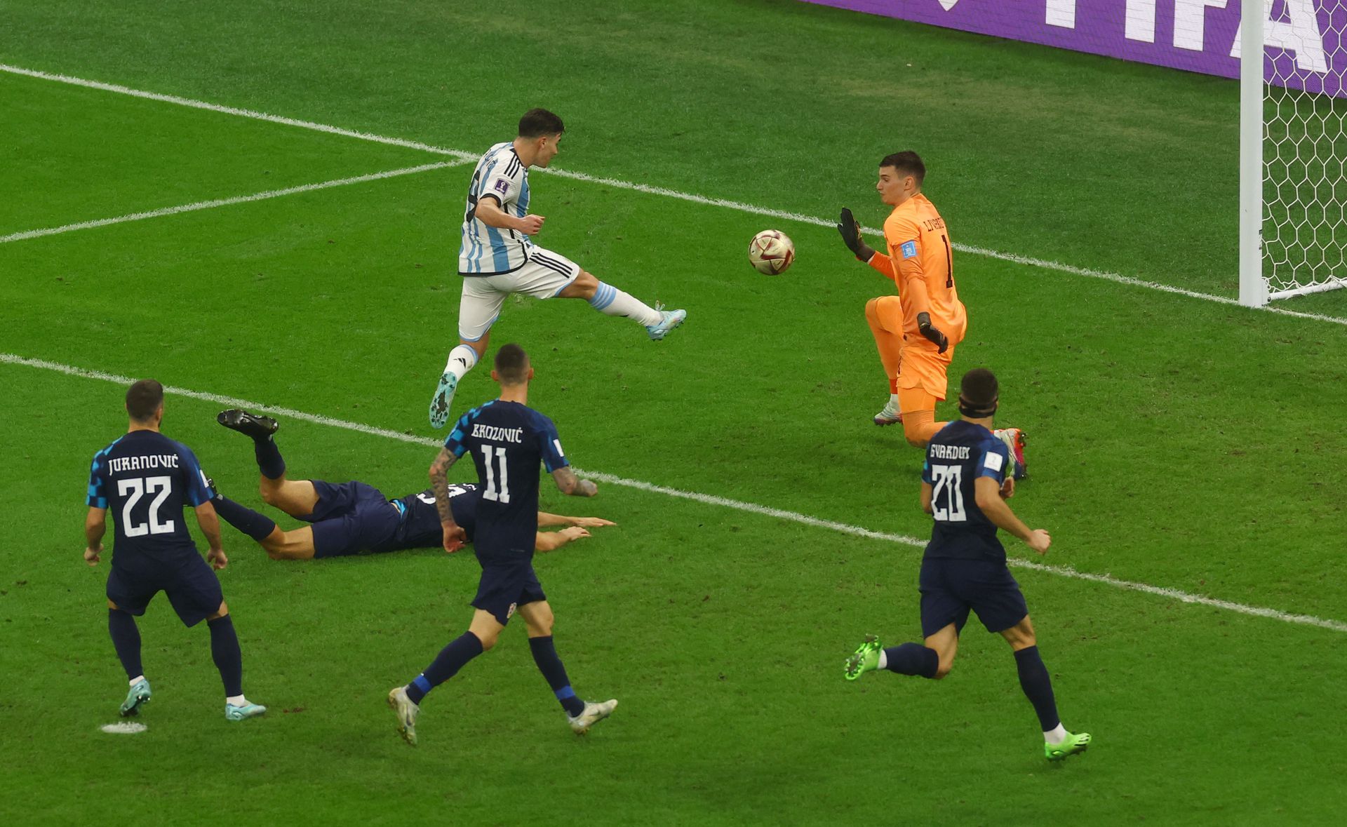 Argentina's Julian Alvarez scores their second goal against Croatia at Lusail Stadium in Lusail, Qatar on Dec. 13, 2022.