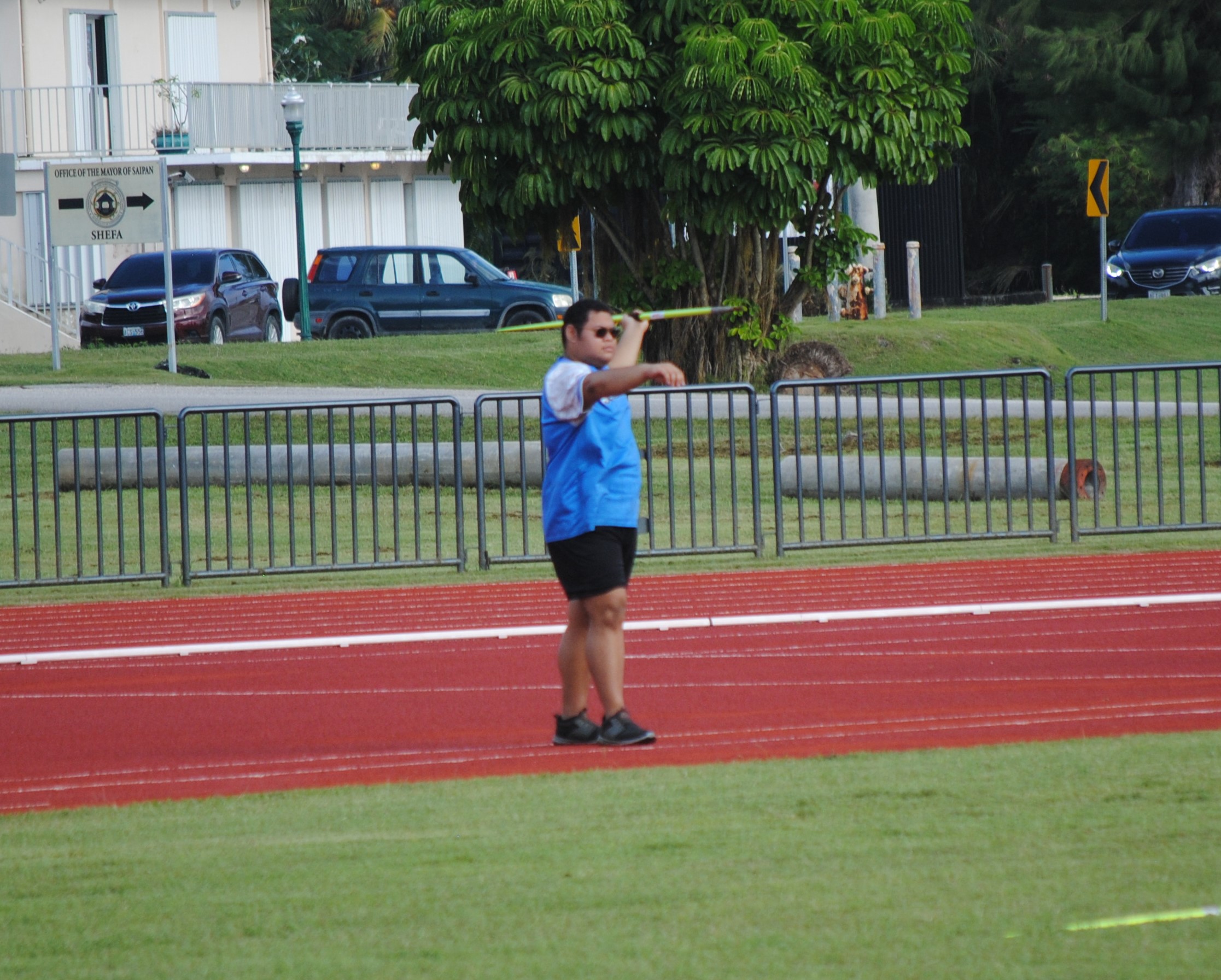 Lyle Andrew aims as he prepares his attempt in the javelin throw.