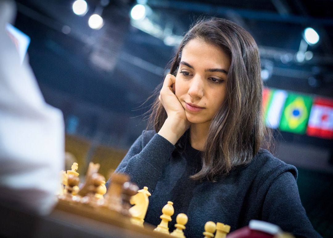 Iranian chess player Sara Khadem competes, without wearing a hijab, in FIDE World Rapid and Blitz Chess Championships in Almaty, Kazakhstan Dec. 26, 2022.