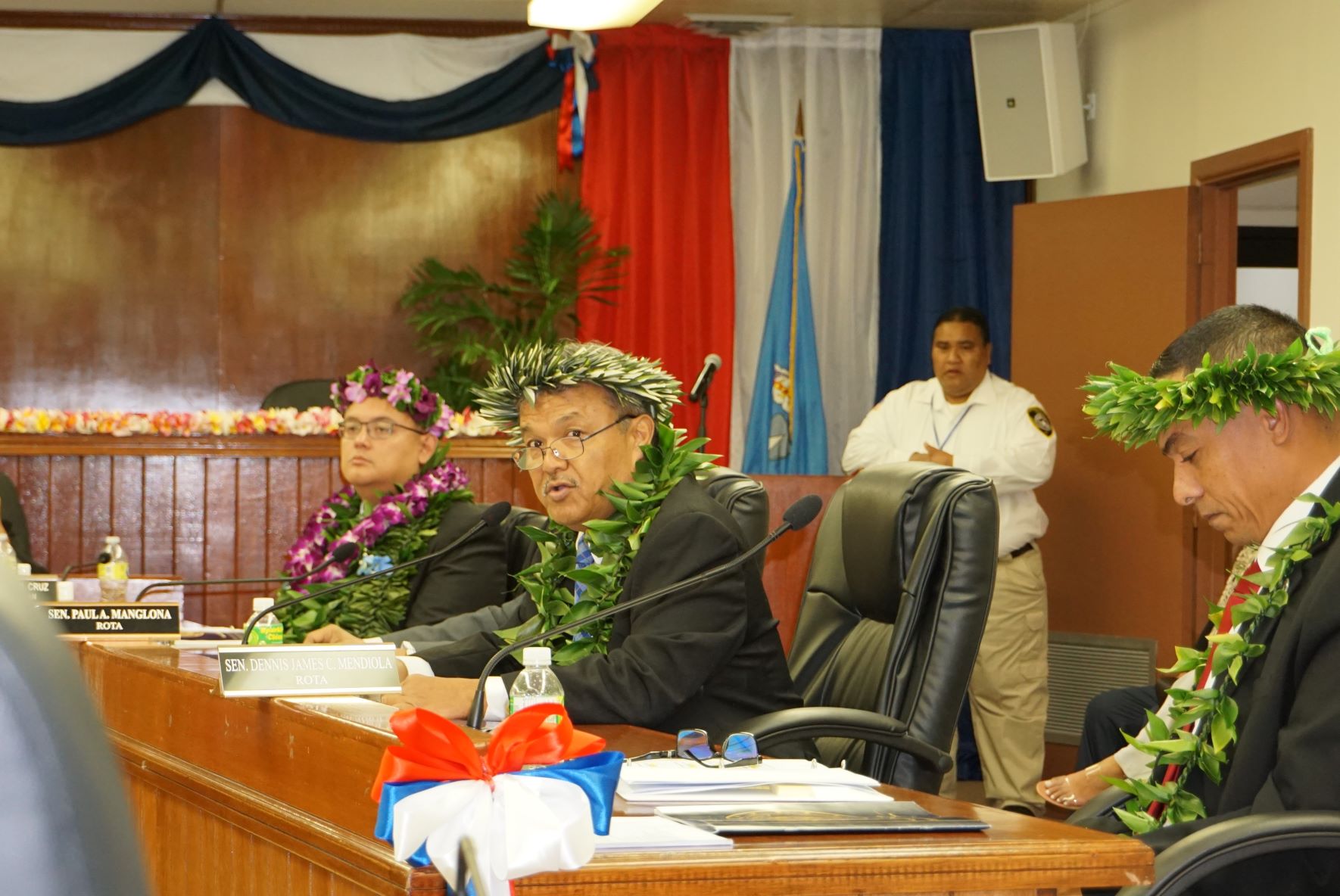 Sen. Paul A. Manglona delivers his remarks during the 23rd Senate's inaugural session on Monday. Also in photo are Senate Vice President Donald Manglona, left, and Sen. Dennis Mendiola.