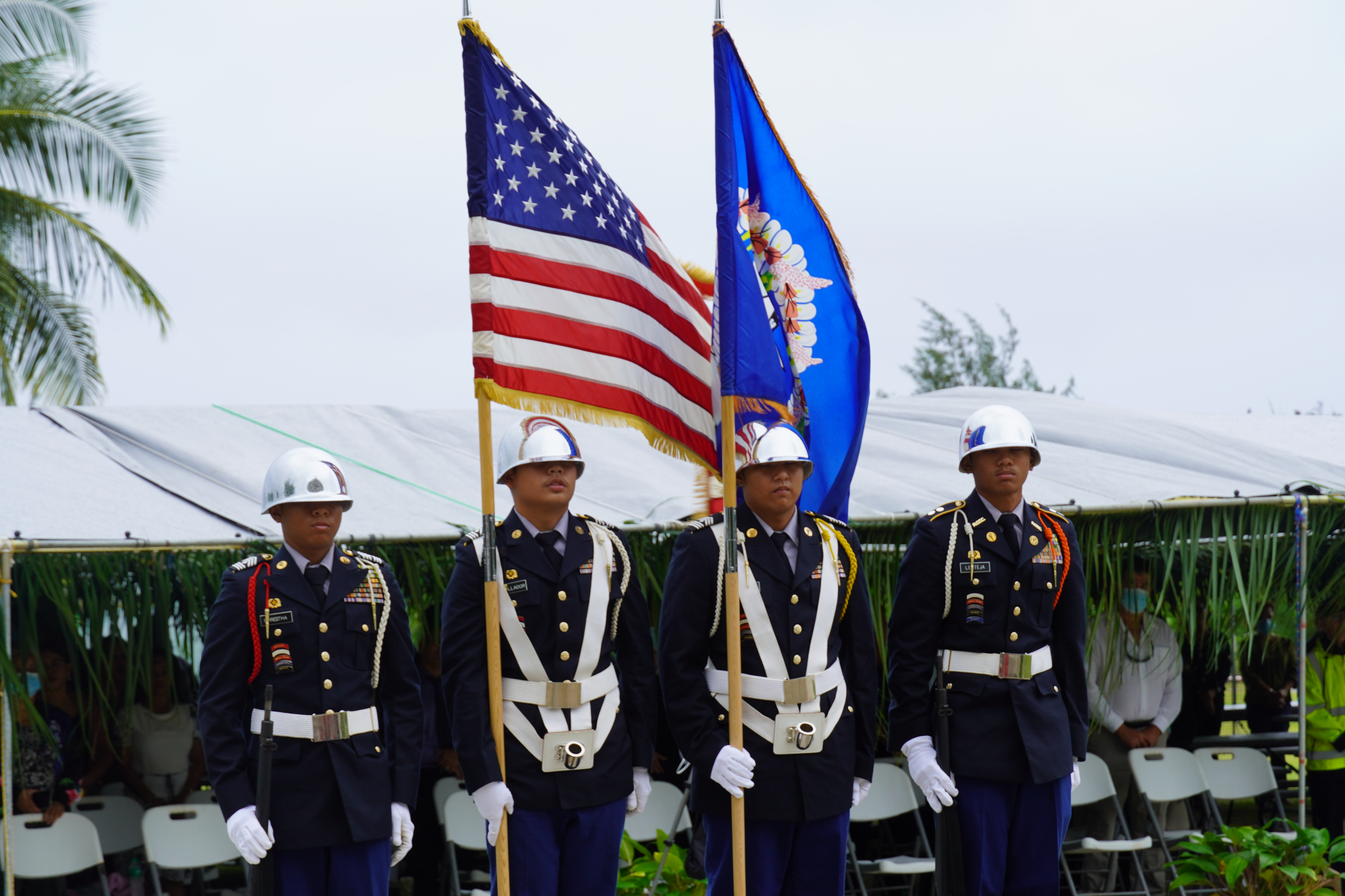 Tinian Jr./Sr. High School JROTC Color Guard march in for the posting of the colors.