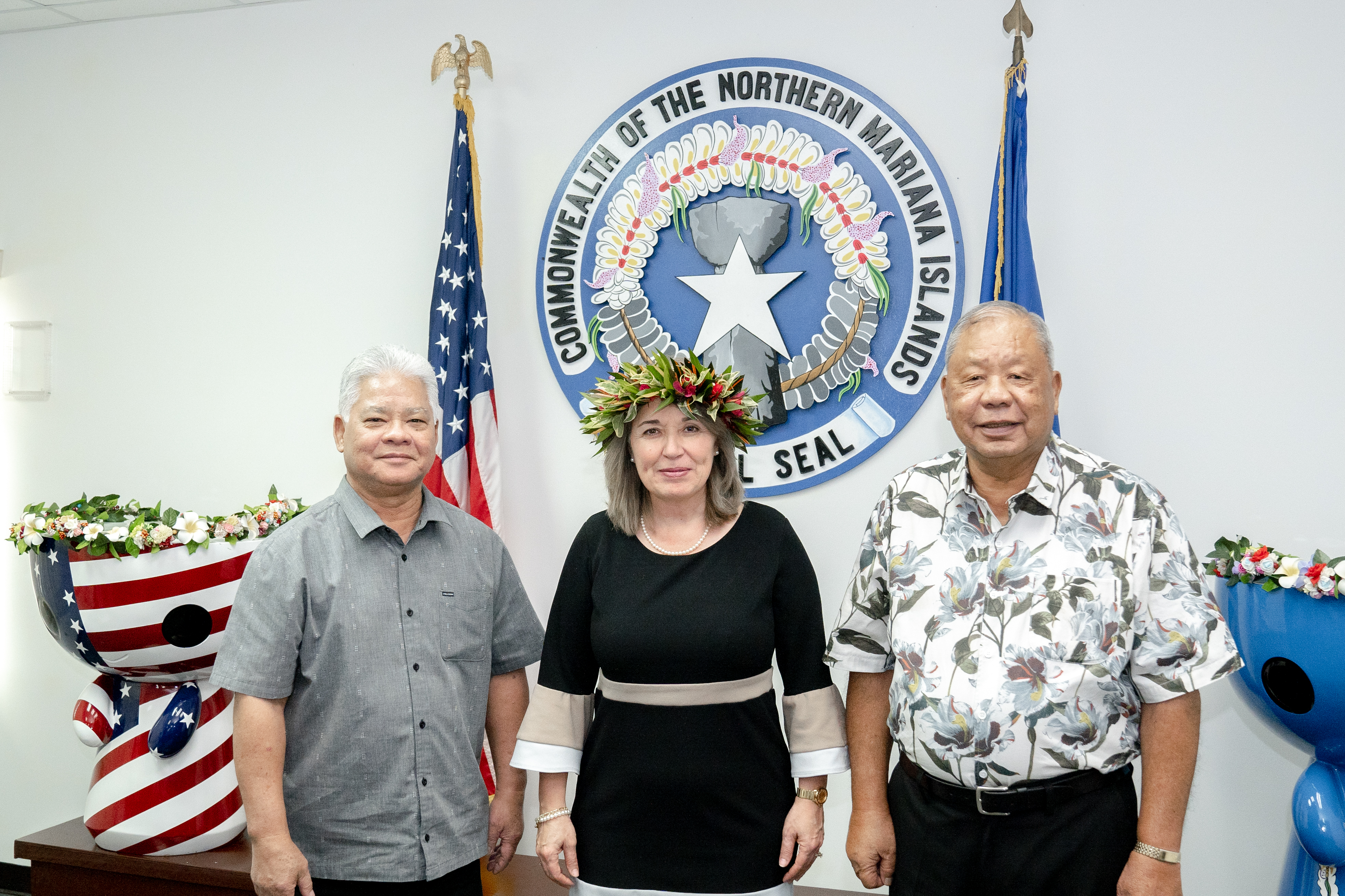 From left, Gov. Arnold I. Palacios, U.S. Department of the Interior Assistant Secretary for Insular and International Affairs Carmen G. Cantor and Lt. Gov. David M. Apatang at the governor’s office on Monday.