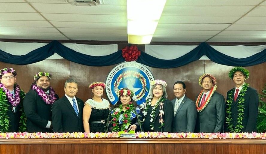 From left, Senate Vice President Donald Manglona, Sen. Karl King-Nabors, Sen. Paul Manglona, Senate Floor Leader Corina Magofna, Sen. Celina Babauta, Senate President Edith Deleon Guerrero, Sen. Frank Cruz, Sen. Jude Hofschneider and Sen. Dennis Mendiola.