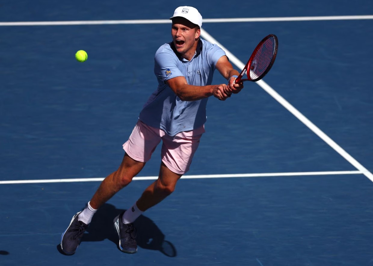 Jenson Brooksby of the U.S. in action during his second round match against Norway's Casper Ruud at Melbourne Park in Melbourne, Australia on Jan. 19, 2023.