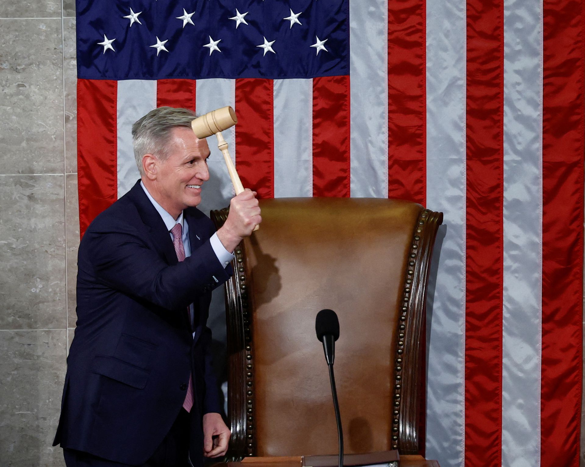 U.S. House Republican leader Kevin McCarthy of California wields the speaker's gavel after being elected the next presiding officer of the U.S. House of Representatives in a late night 15th round of voting on the fourth day of the 118th Congress at the U.S. Capitol in Washington, D.C., Jan. 7, 2023.