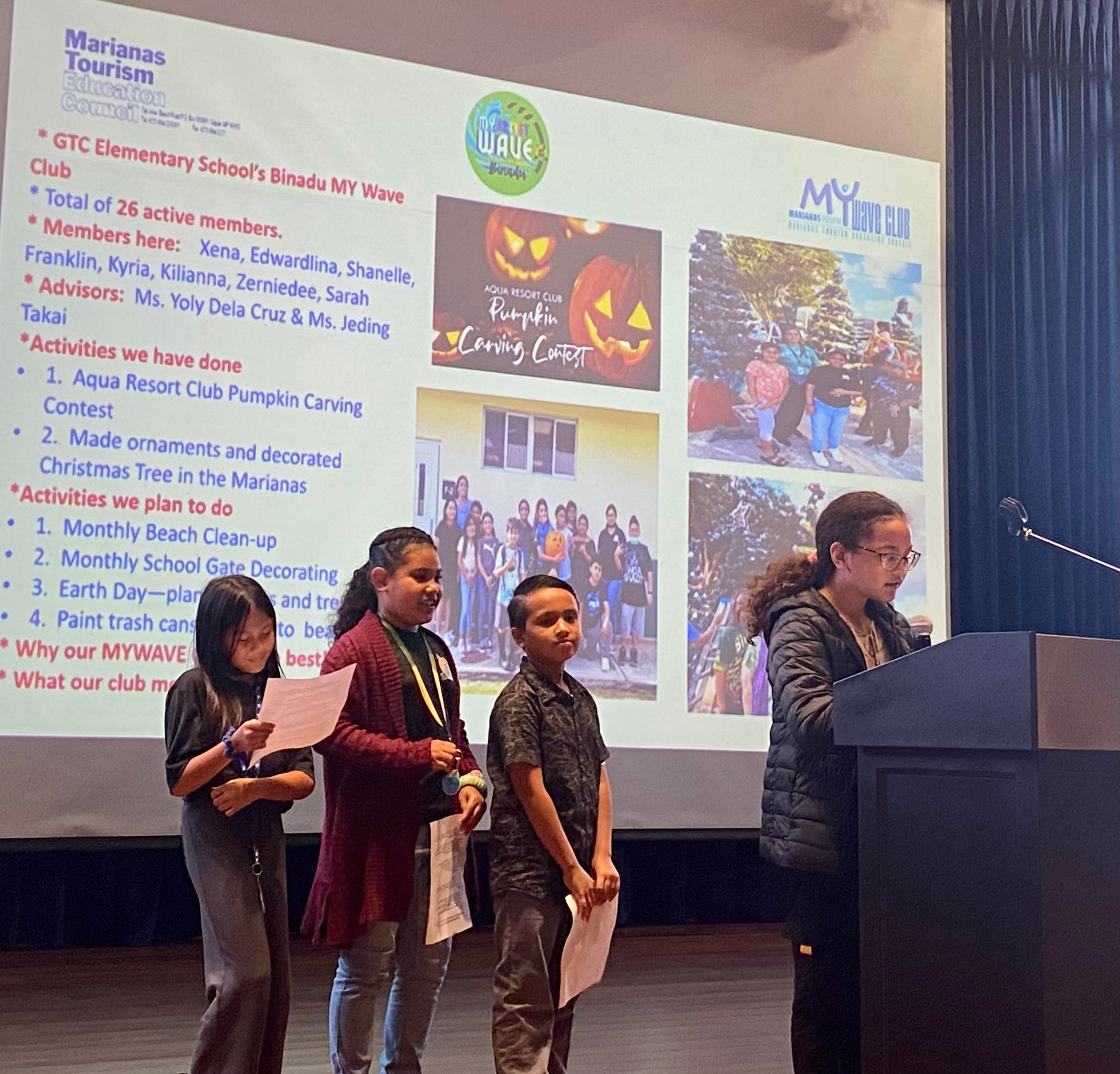 Students of Gregorio T. Camacho Elementary Schools share about their club at the 2023 Marianas Tourism Education Council Tourism Summit with school MY WAVE — Marianas Youth Welcome All Visitors Enthusiastically — Clubs on Jan. 19, 2023, at Kensington Hotel Saipan.