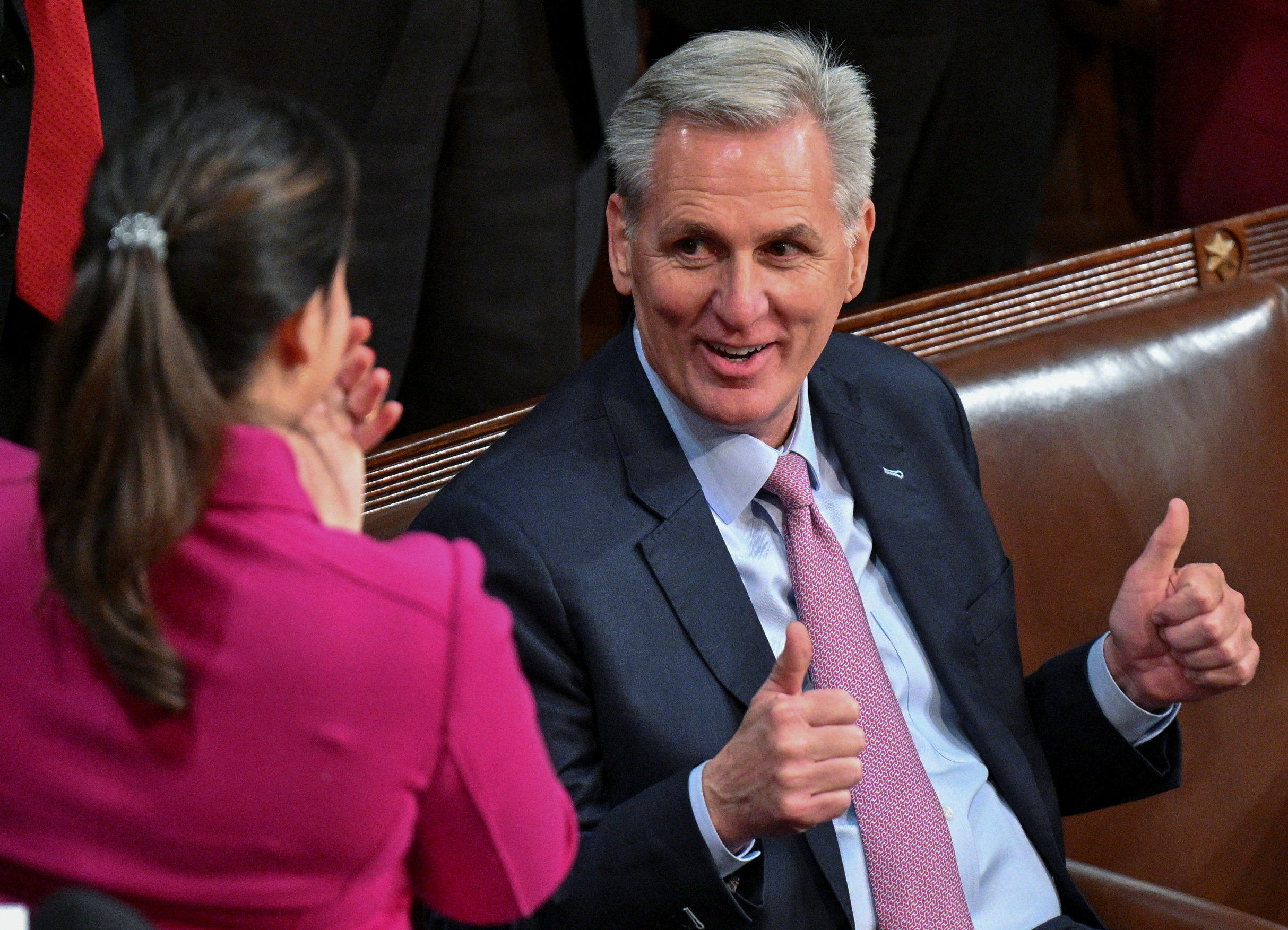 U.S. House Republican leader Kevin McCarthy of California gives two thumbs up in the direction of Republican Conference Chair Elise Stefanik of New York after casting his own vote for himself in the 12th round of voting for a new speaker on the 4th day of the 118th Congress at the U.S. Capitol in Washington, D.C., Jan. 6, 2023.