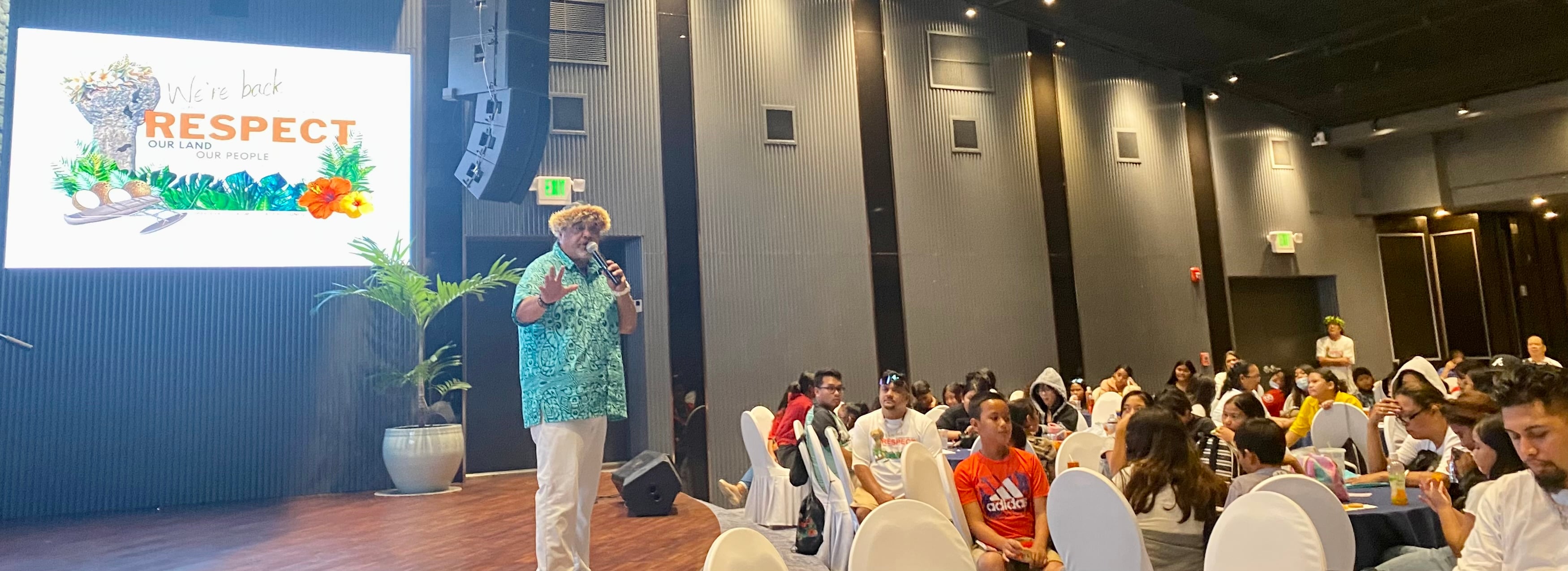 Gordon Marciano, managing director and part owner of Pacific Development Inc., addresses students at the 2023 Marianas Tourism Education Council Tourism Summit with school MY WAVE — Marianas Youth Welcome All Visitors Enthusiastically — Clubs on Jan. 19, 2023, at Kensington Hotel Saipan.