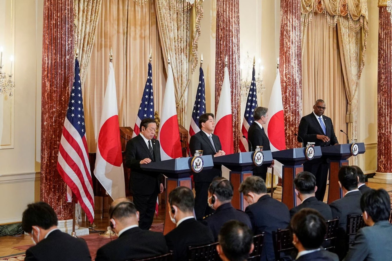 U.S. Secretary of State Antony Blinken and Defense Secretary Lloyd Austin hold a joint press conference with Japan’s Foreign Minister Yoshimasa Hayashi and Defense Minister Yasukazu Hamada as part of the 2023 U.S.-Japan Security Consultative Committee meeting at the State Department in Washington, D.C., Jan. 11, 2023.