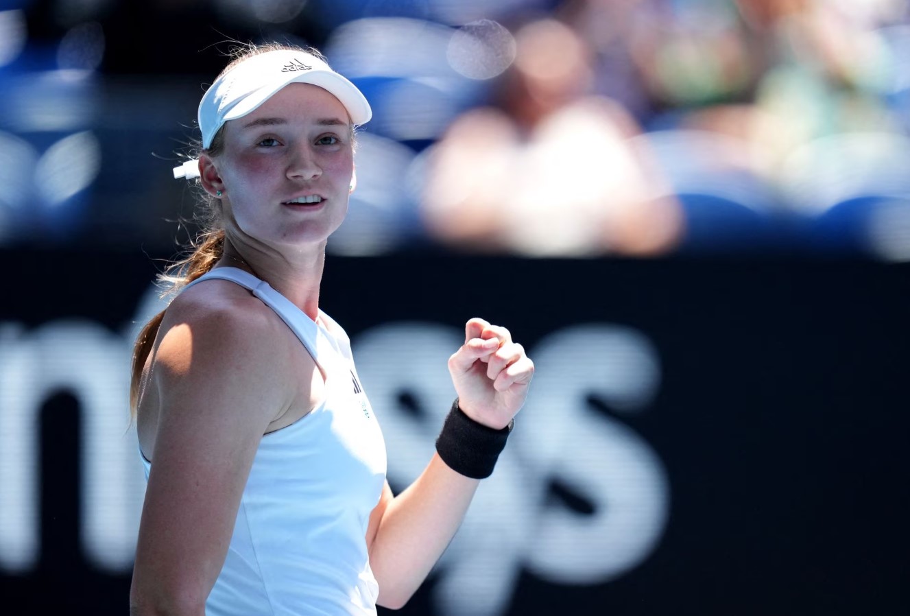 Kazakhstan's Elena Rybakina celebrates after winning her fourth round match against Poland's Iga Swiatek at Melbourne Park in Melbourne, Australia on Jan. 22, 2023.
