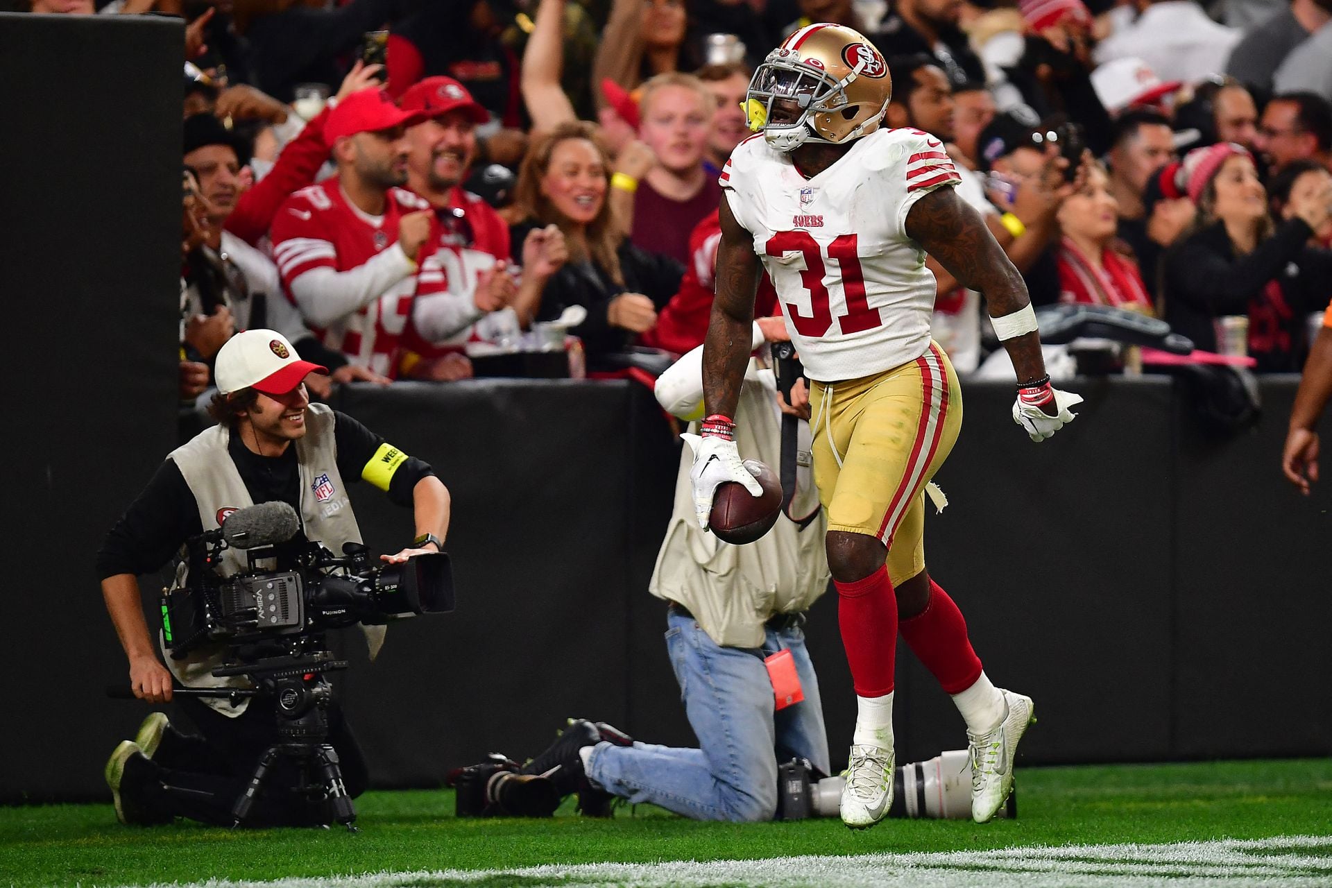 San Francisco 49ers safety Tashaun Gipson Sr. (31) celebrates his interception against Las Vegas Raiders quarterback Jarrett Stidham (3) during overtime at Allegiant Stadium in Paradise, Nevada,  Jan. 1, 2023.