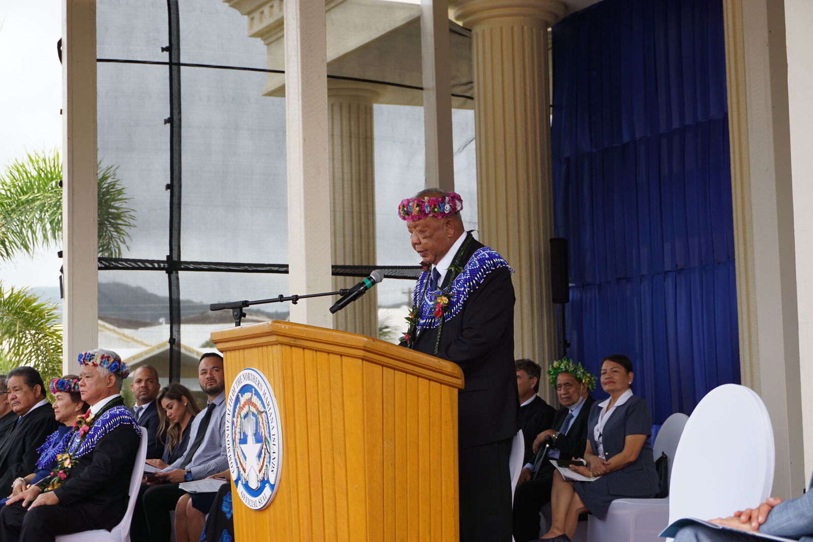 Lt. Gov. David M. Apatang delivers his inaugural address at the multi-purpose center on Monday morning.