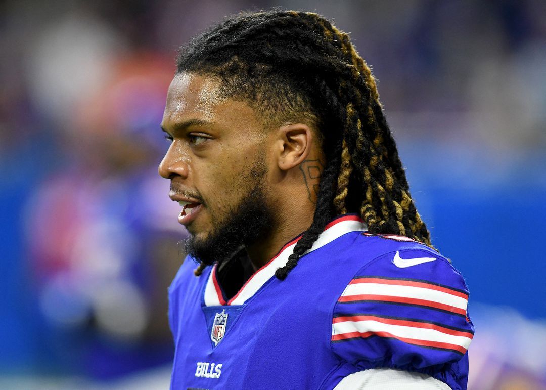 Buffalo Bills safety Damar Hamlin warms up before a game against the Cleveland Browns at Ford Field in Detroit, Michigan on Nov. 20, 2022.