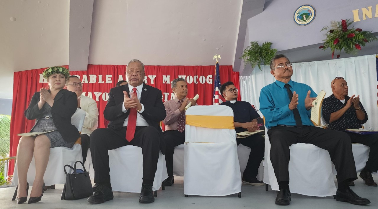 Rep. Julie Marie A. Ogo, Sen. Donald M. Manglona, Lt. Gov. David M. Apatang, Sen. Paul A. Manglona, and former Rota Mayor Efraim Atalig were among those seated onstage, applauding Rota Mayor Aubry M. Hocog during her inaugural address.
