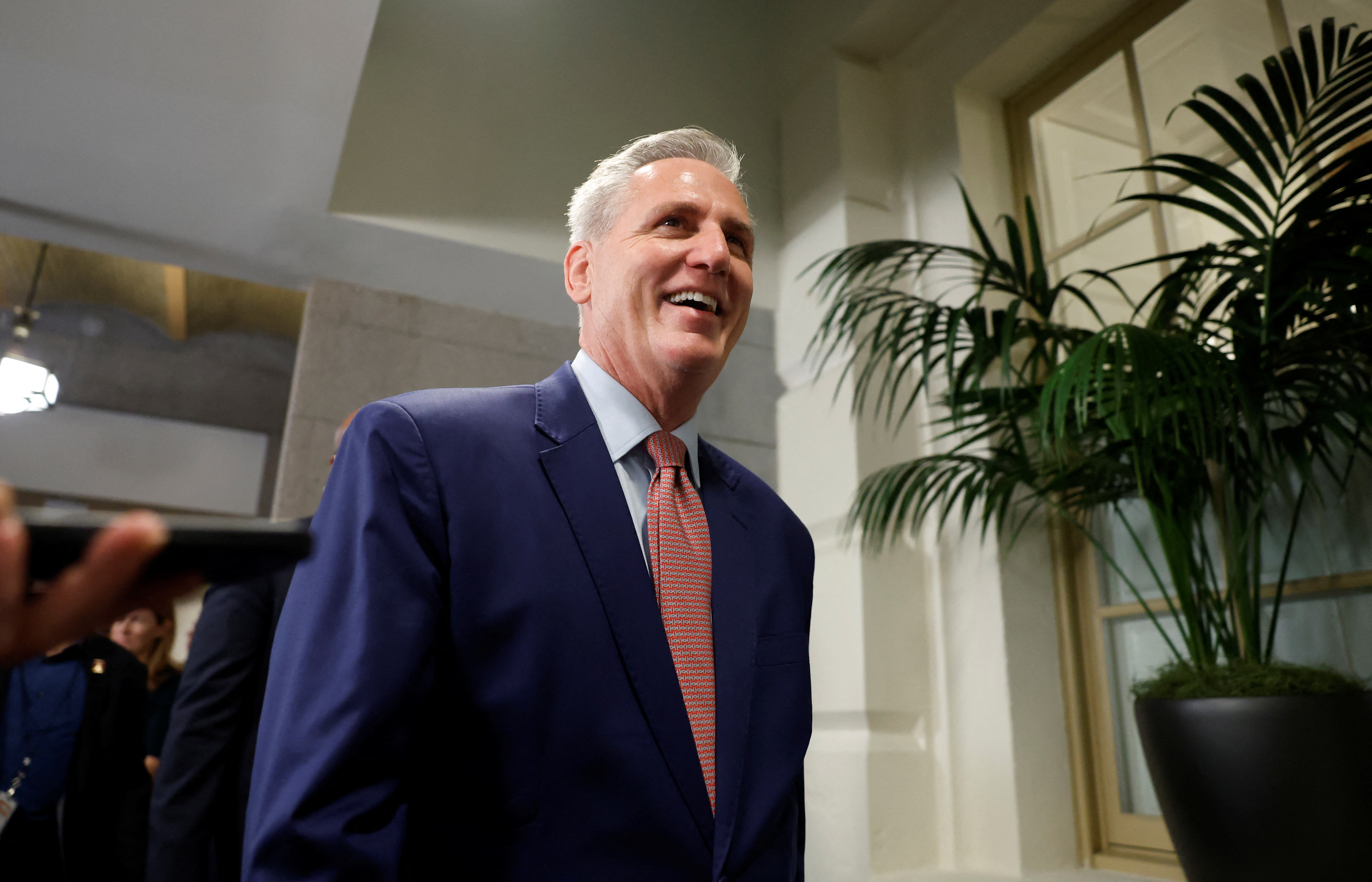 U.S. House Republican leader Kevin McCarthy of California talks to reporters as he arrives on the first day of the new Congress at the U.S. Capitol in Washington, D.C., Jan. 3, 2023.