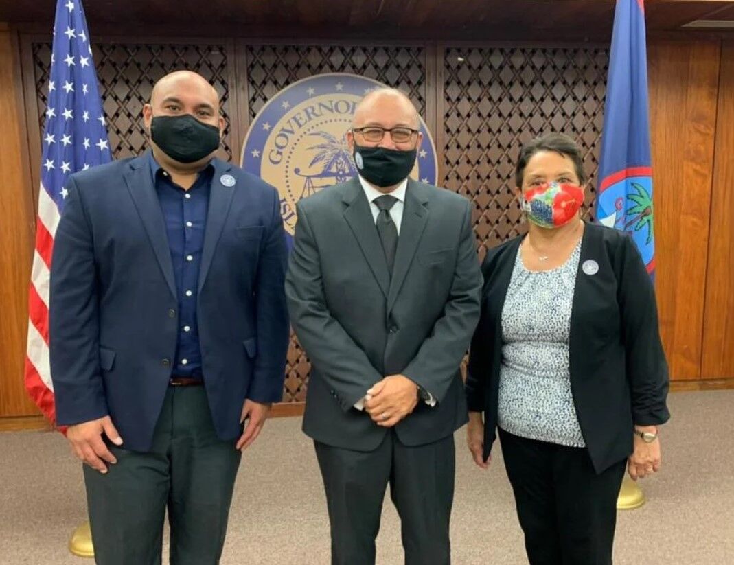From left, Guam Lt. Gov. Josh Tenorio, Judge Alberto Tolentino and Guam Gov. Lou Leon Guerrero are pictured in Adelup on March 3, 2021. Tolentino will be out of the courtroom "for the time being" to deal with medical issues.