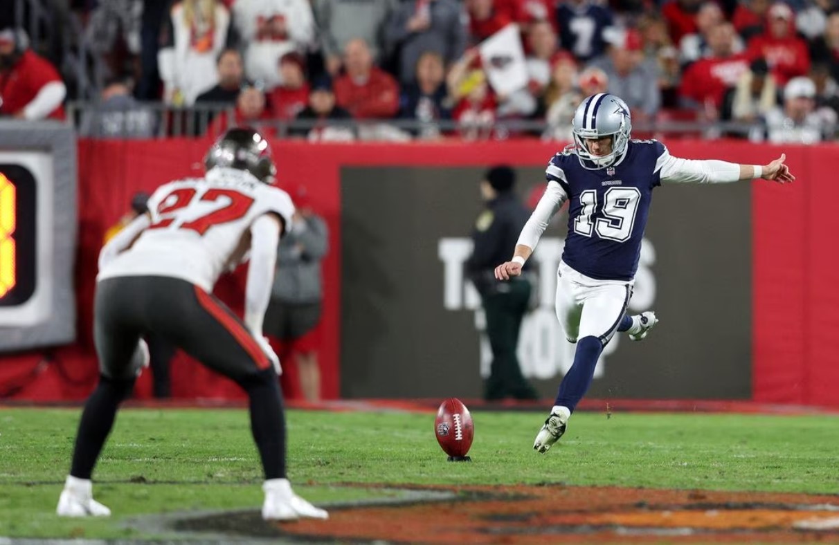 Dallas Cowboys place kicker Brett Maher (19) kicks the ball to the Tampa Bay Buccaneers in the first half during the wild card game at Raymond James Stadium in Tampa, Florida, Jan. 16, 2023.