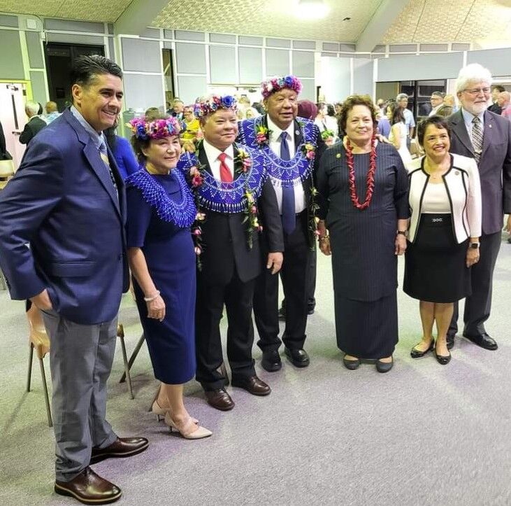 From left, Palau President Surangel Whipps Jr., CNMI first lady Wella Palacios, CNMI Gov.  Arnold Indalecio Palacios, U.S. Congresswoman Uifa'atali Amata of American Samoa, Guam Gov. Lou Leon Guerrero and Guam first gentleman Jeff Cook at the multi-purpose center on Saipan, Monday.
