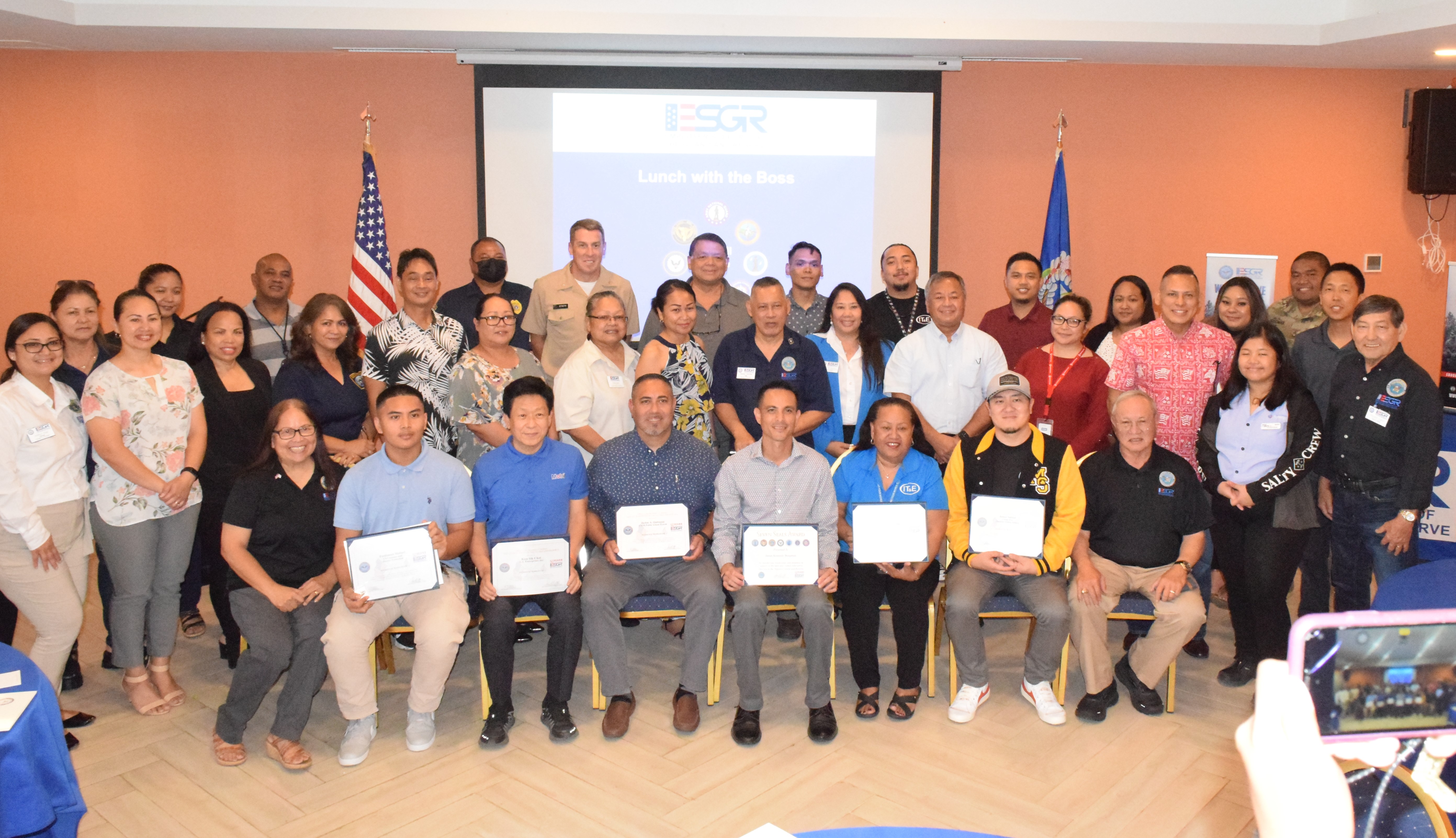 The Patriotic Employer and Seven Seals awards recipients pose for a photo Thursday with Guam-CNMI Employer Support of the Guard and Reserve state committee officers and the Reservists who nominated the awardees.