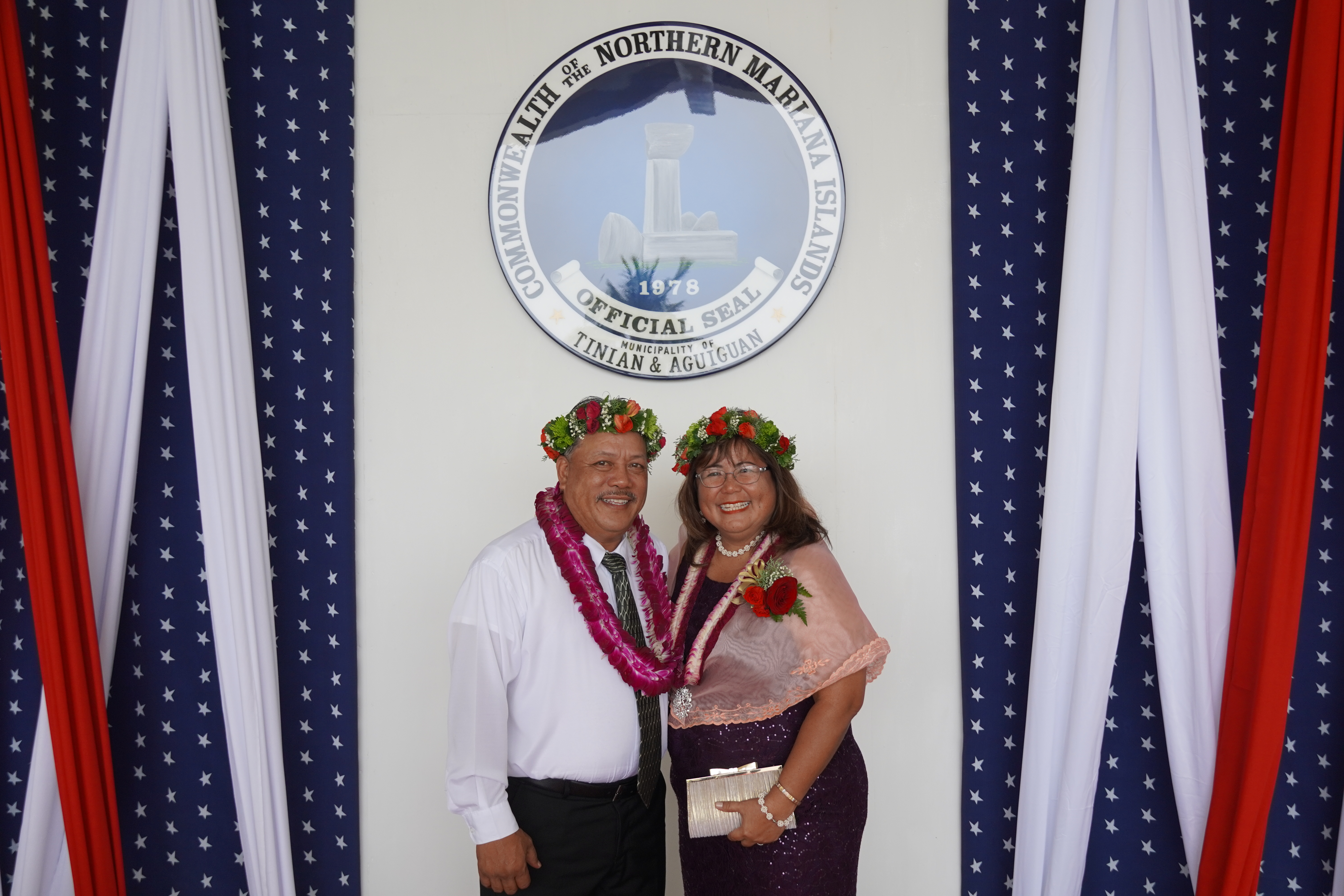 Tinian and Aguiguan Mayor Edwin P. Aldan poses for a photo with his wife, Rosita, ahead of his inaugural ceremony.