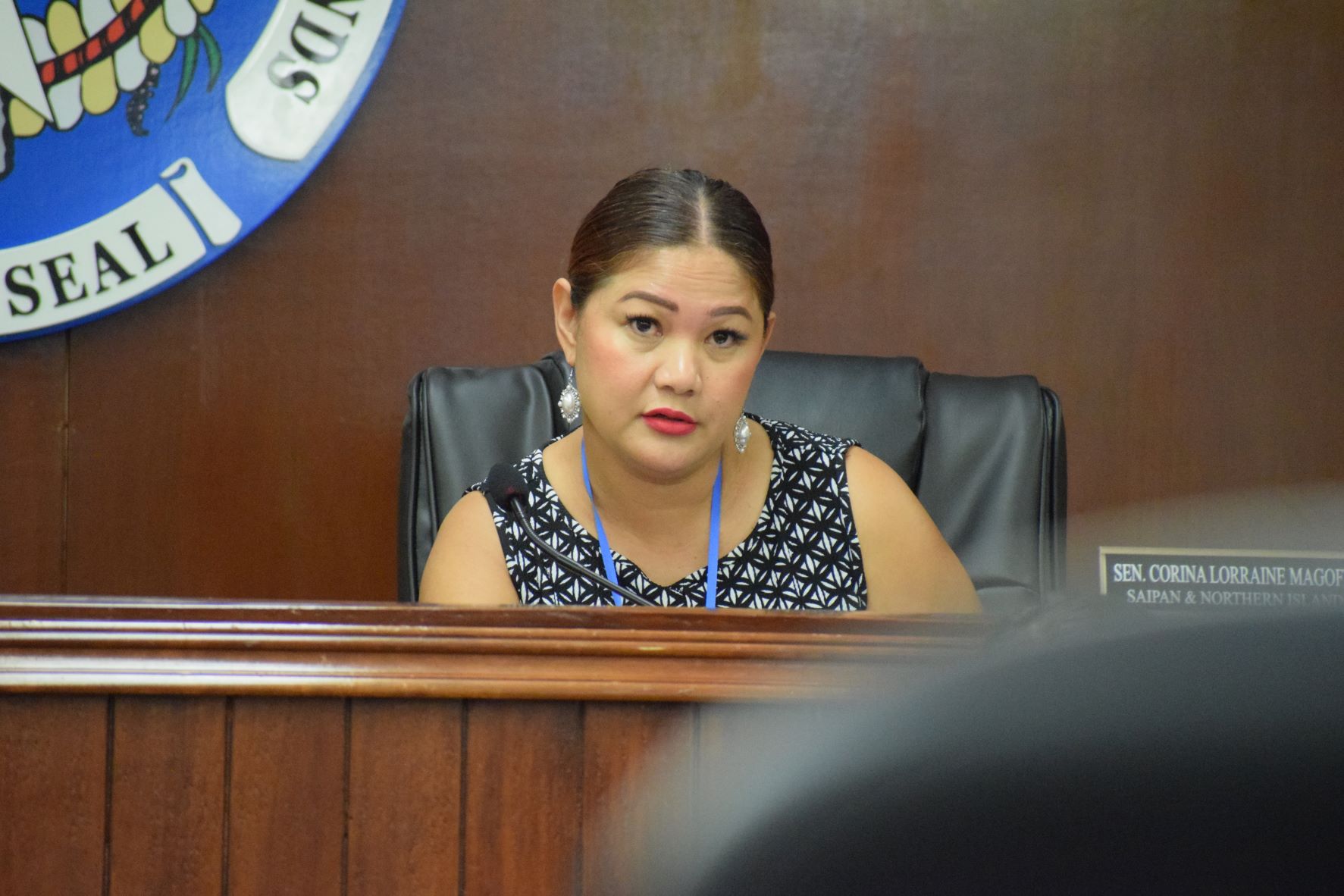 Senate Floor Leader Corina L. Magofna listens during a meeting with Marianas Visitors Authority officials in the Senate chamber on Wednesday last week.