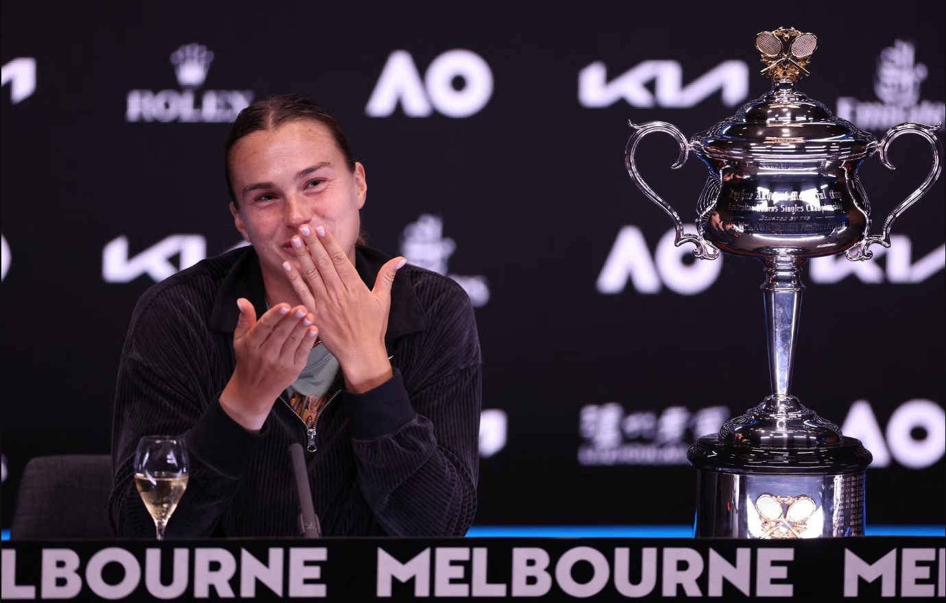 Belarus’ Aryna Sabalenka with her trophy during the press conference after winning her final match against Kazakhstan’s Elena Rybakina in the Australian Open at Melbourne Park, Melbourne, Australia, Jan. 28, 2023.