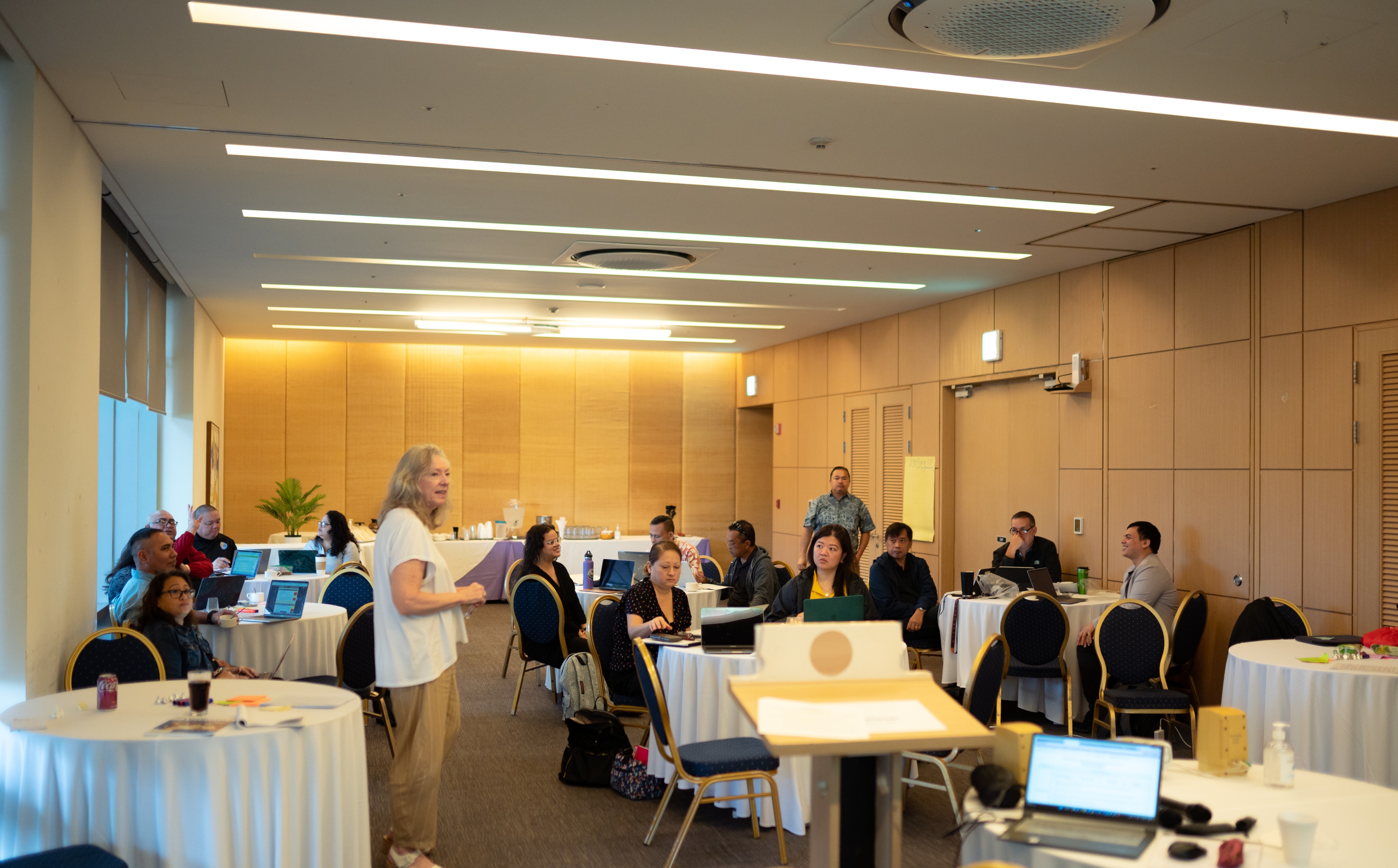 Academic Development Institute's Dr. Allison Layland, standing, foreground, facilitates an after-action review of the Public School System’s ARPA implementation plan with PSS officials. Also in photo: Commissioner of Education Dr. Alfred B. Ada.