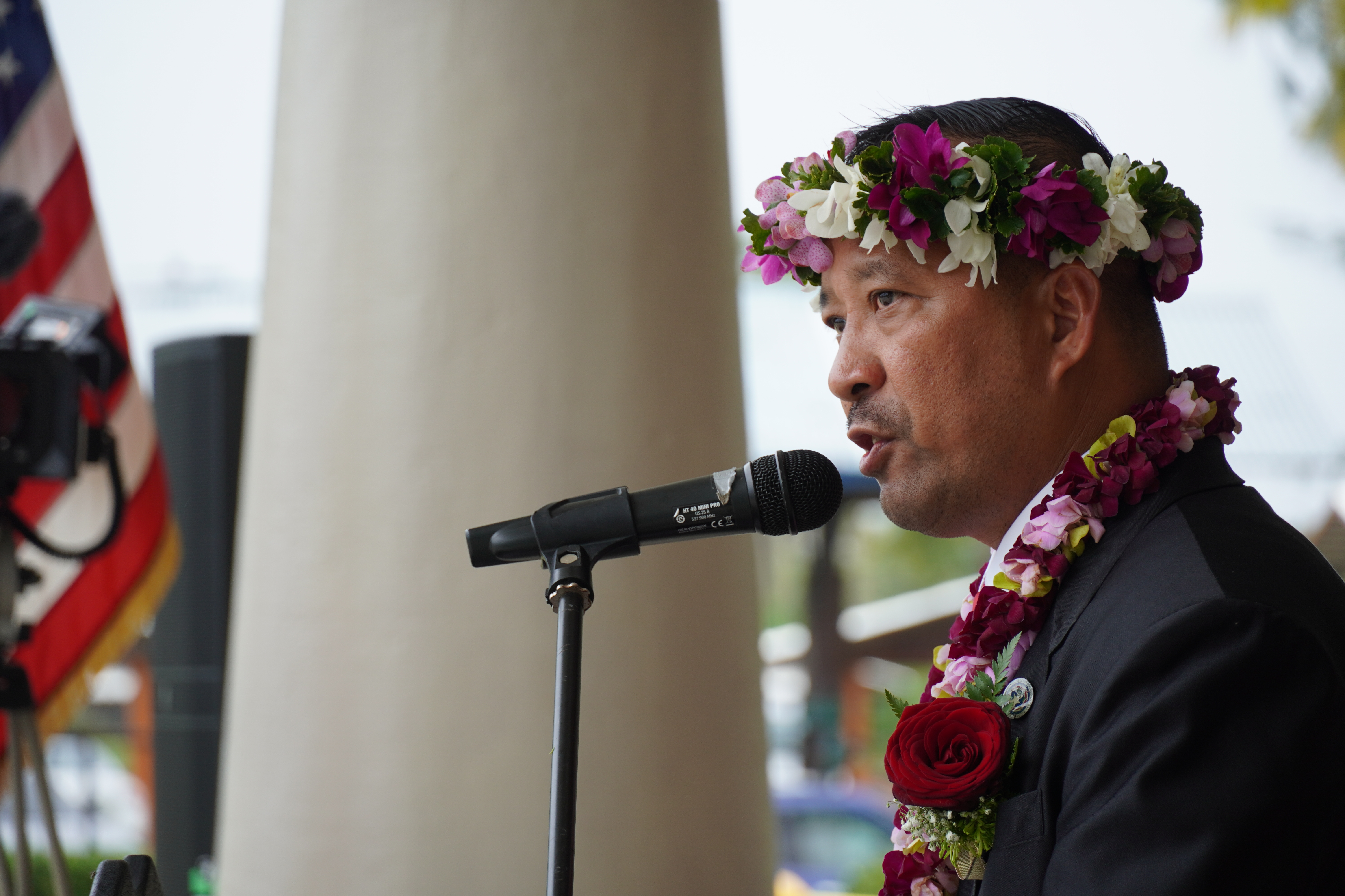 Newly elected Tinian Municipal Council chair Joseph Romaldo Evangelista Santos gives his inaugural address Friday on Tinian.