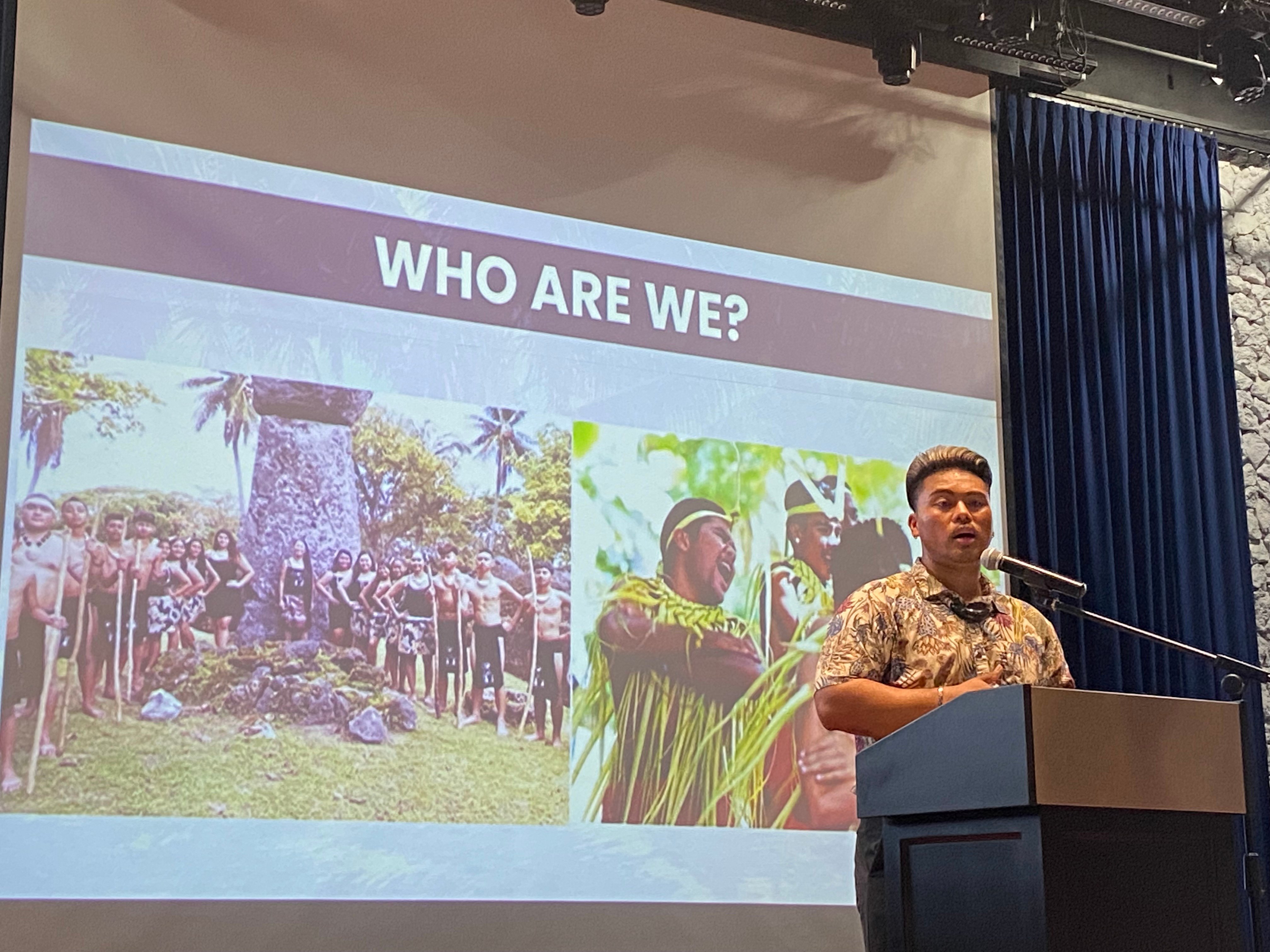 Dr. Bobby Cruz, state education agency director for Public School System Mental Health, addresses students at the 2023 Marianas Tourism Education Council Tourism Summit with school MY WAVE — Marianas Youth Welcome All Visitors Enthusiastically — Clubs on Jan. 19, 2023, at Kensington Hotel Saipan